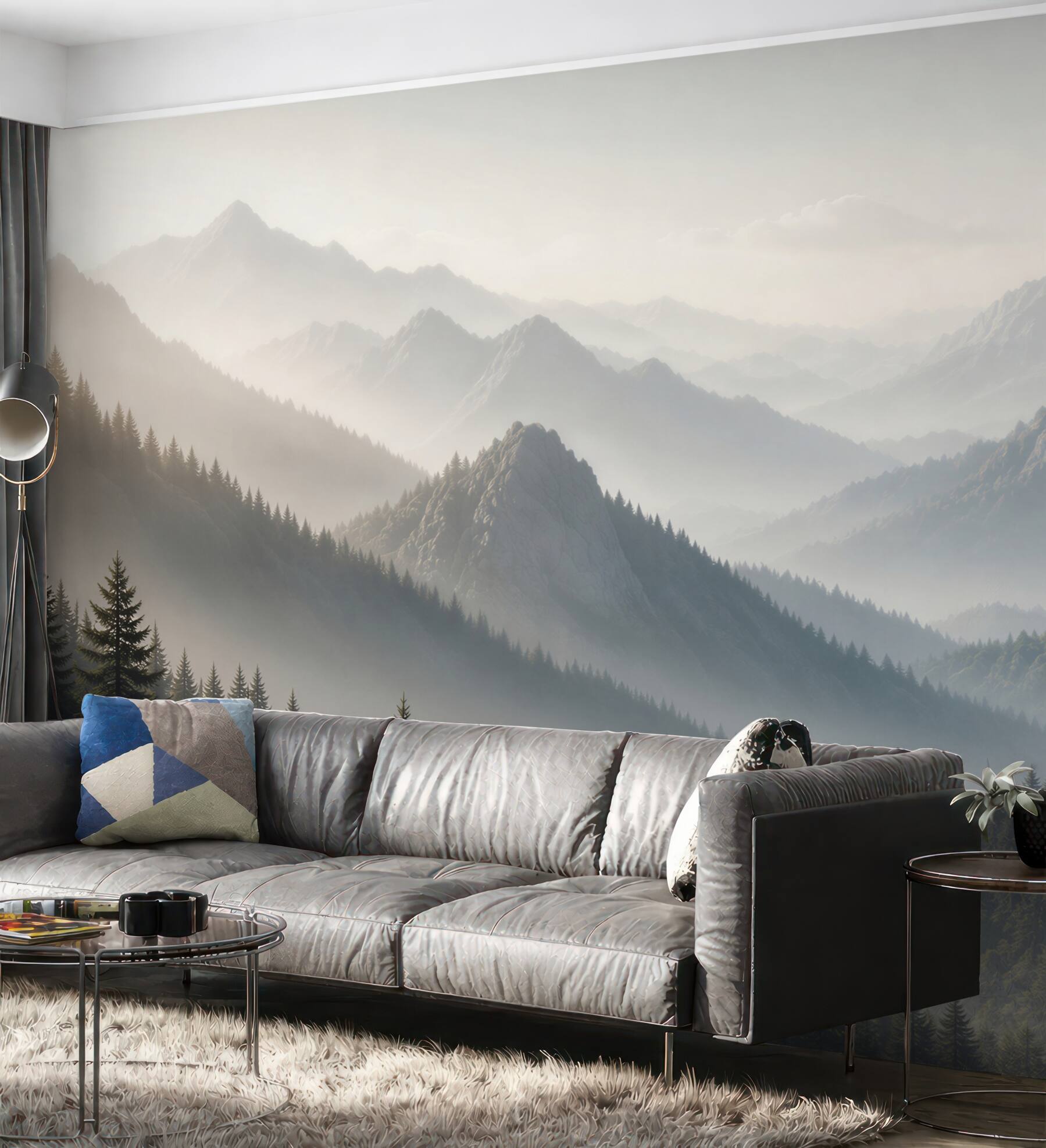 Fototapeta góry we mgle z lasem świerkowym spokojna panorama