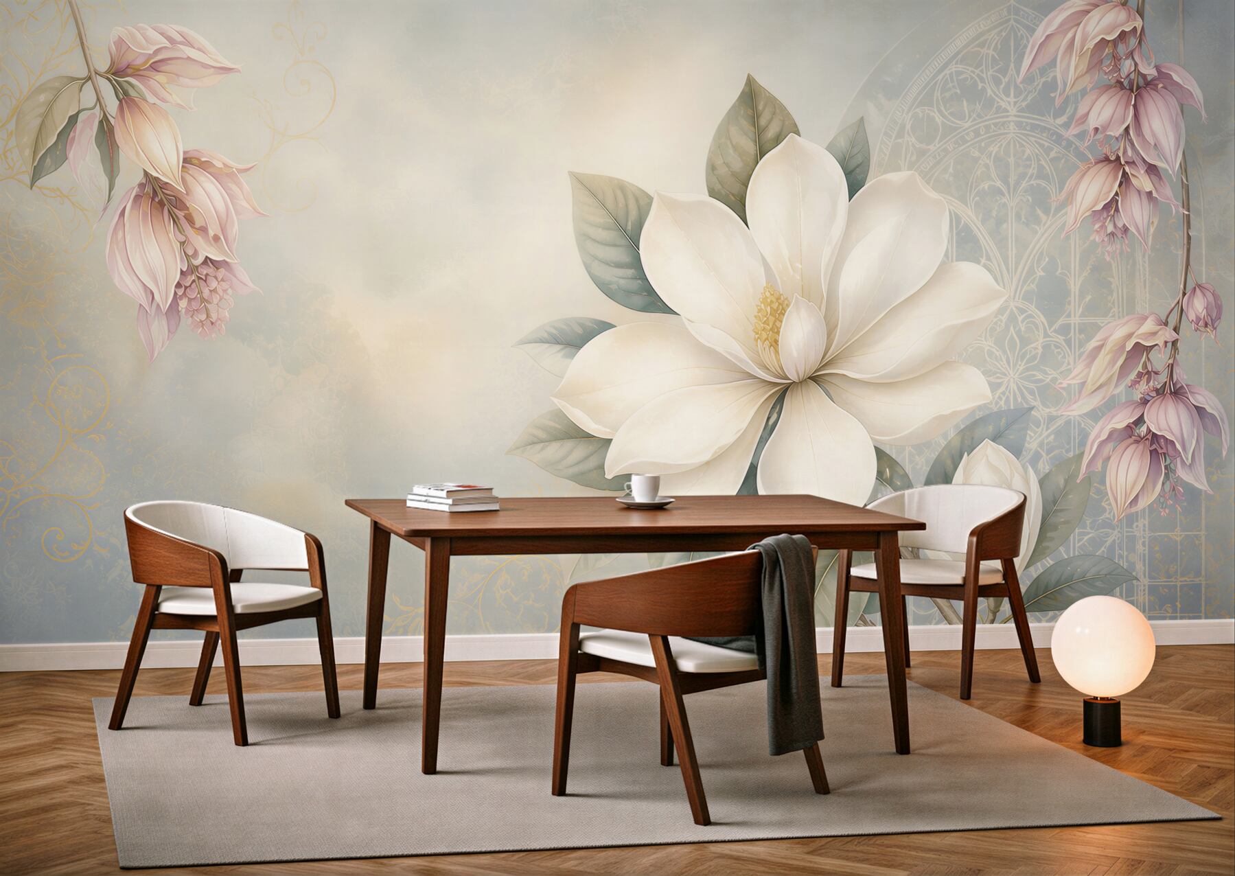 Fototapeta biała magnolia z różowymi kwiatami romantyczna elegancja