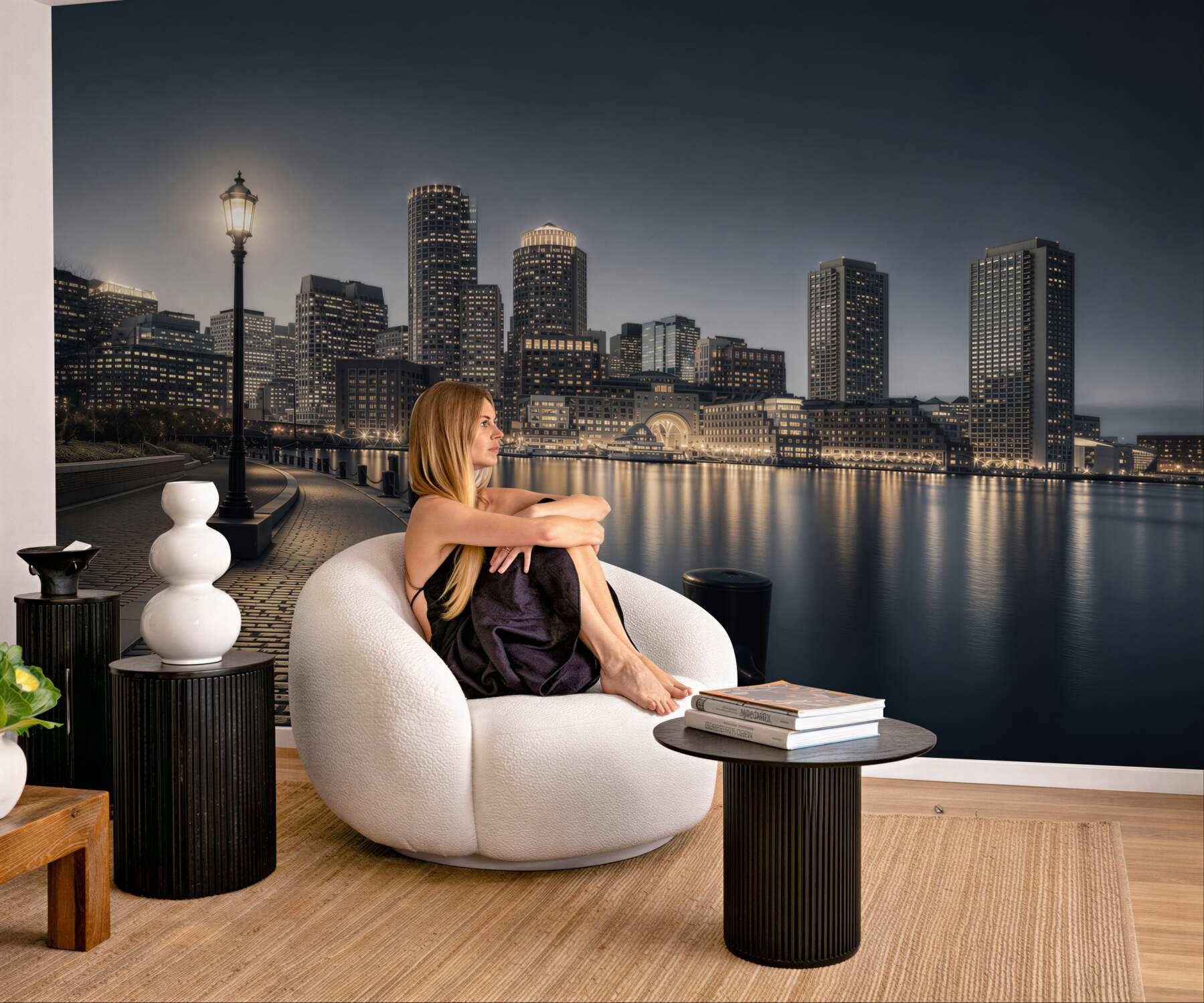 Fototapeta panorama miasta nocą nad wodą elegancka do nowoczesnego salonu