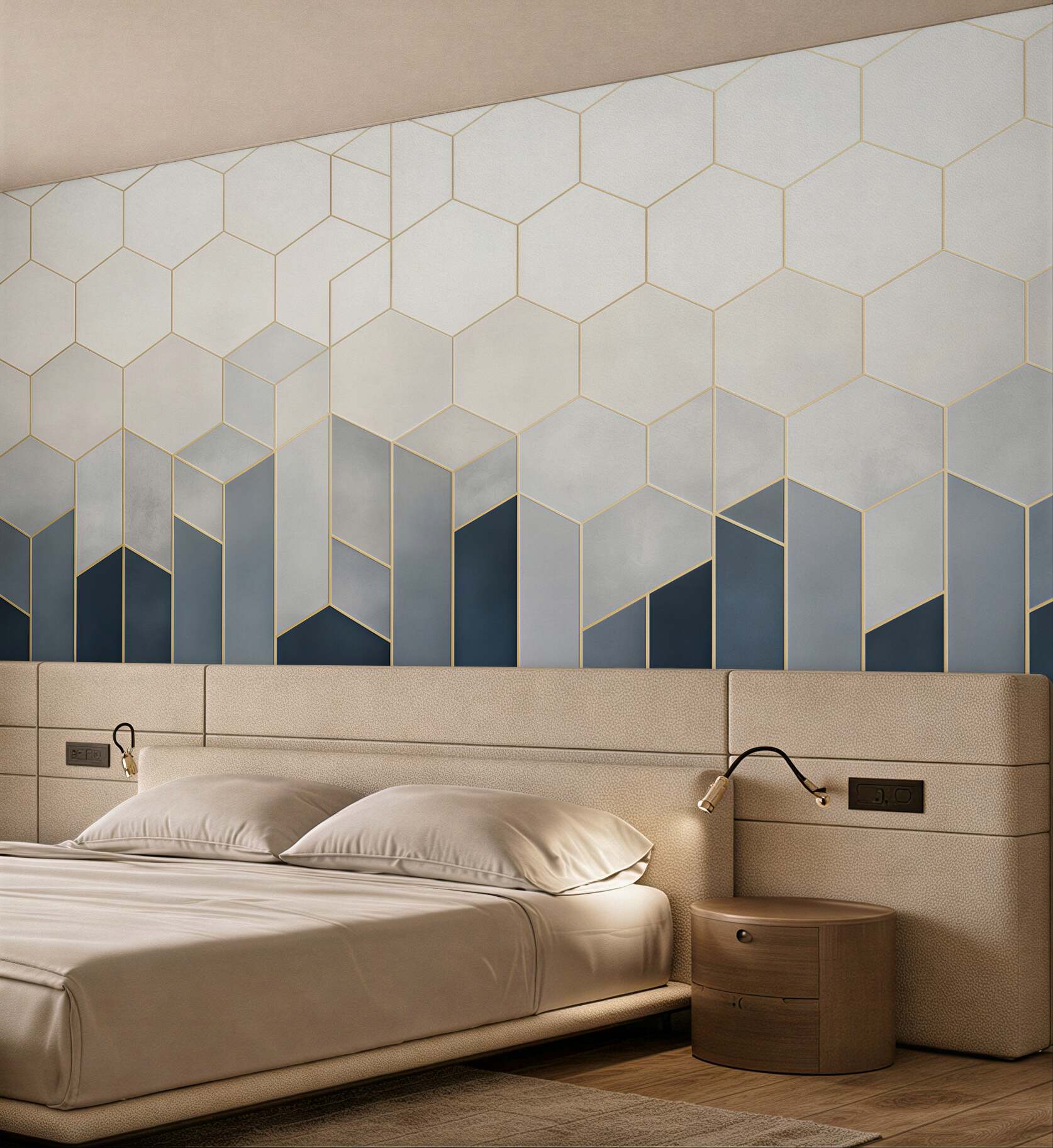 Fototapeta geometryczne heksagony granatowo złote nowoczesny wzór 3D
