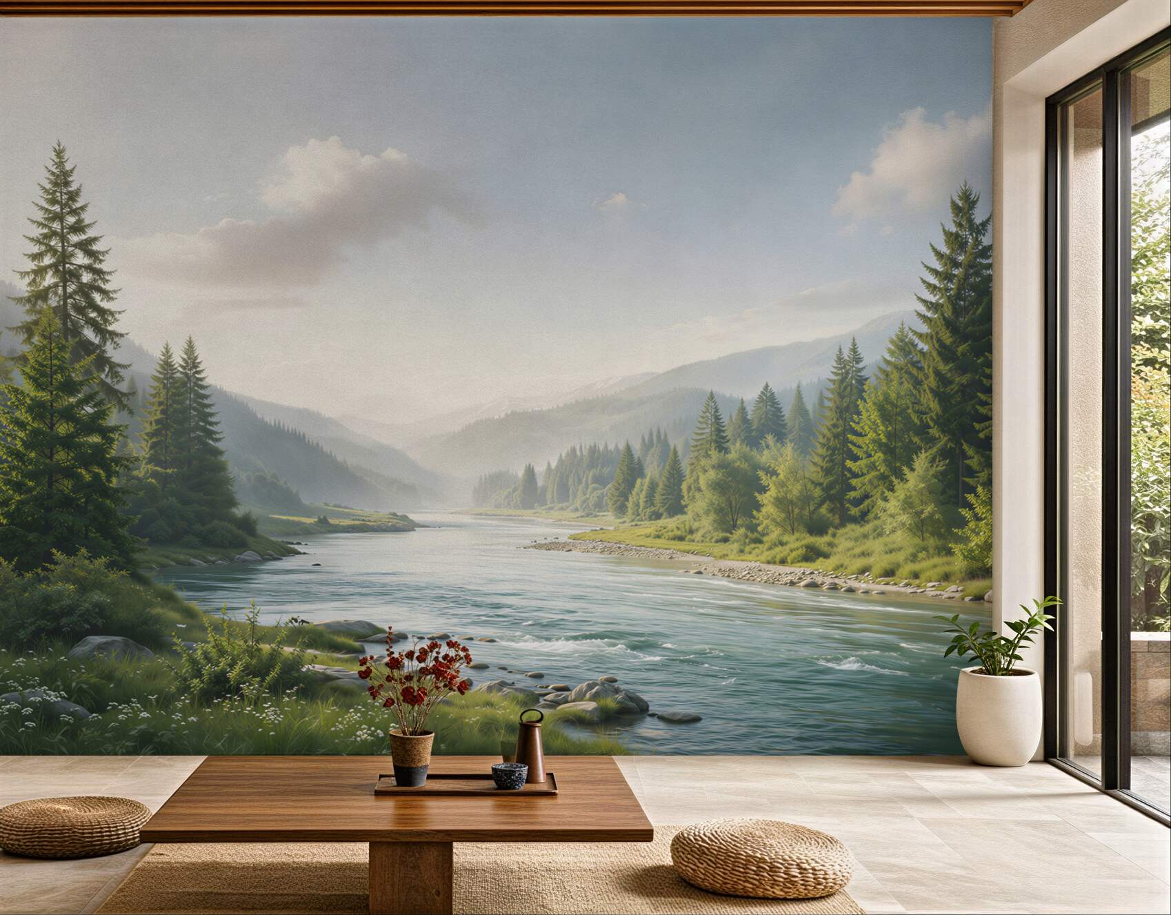 Fototapeta górska rzeka wśród sosnowego lasu spokojny krajobraz naturalny