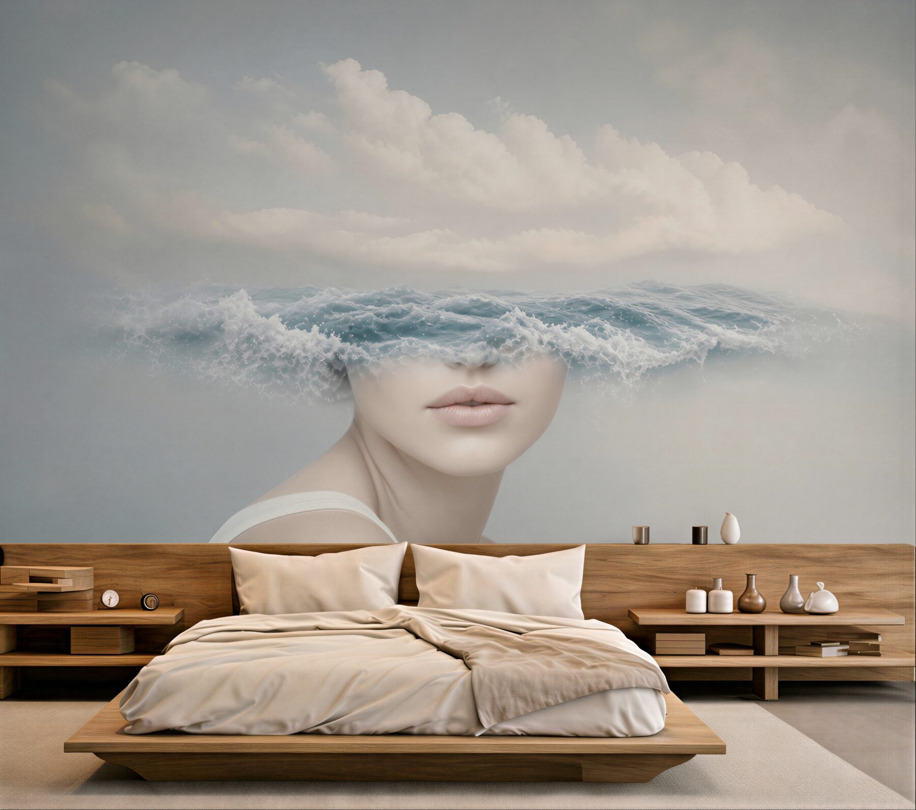 Fototapeta kobieta z falą morską surrealistyczna w delikatnych błękitach