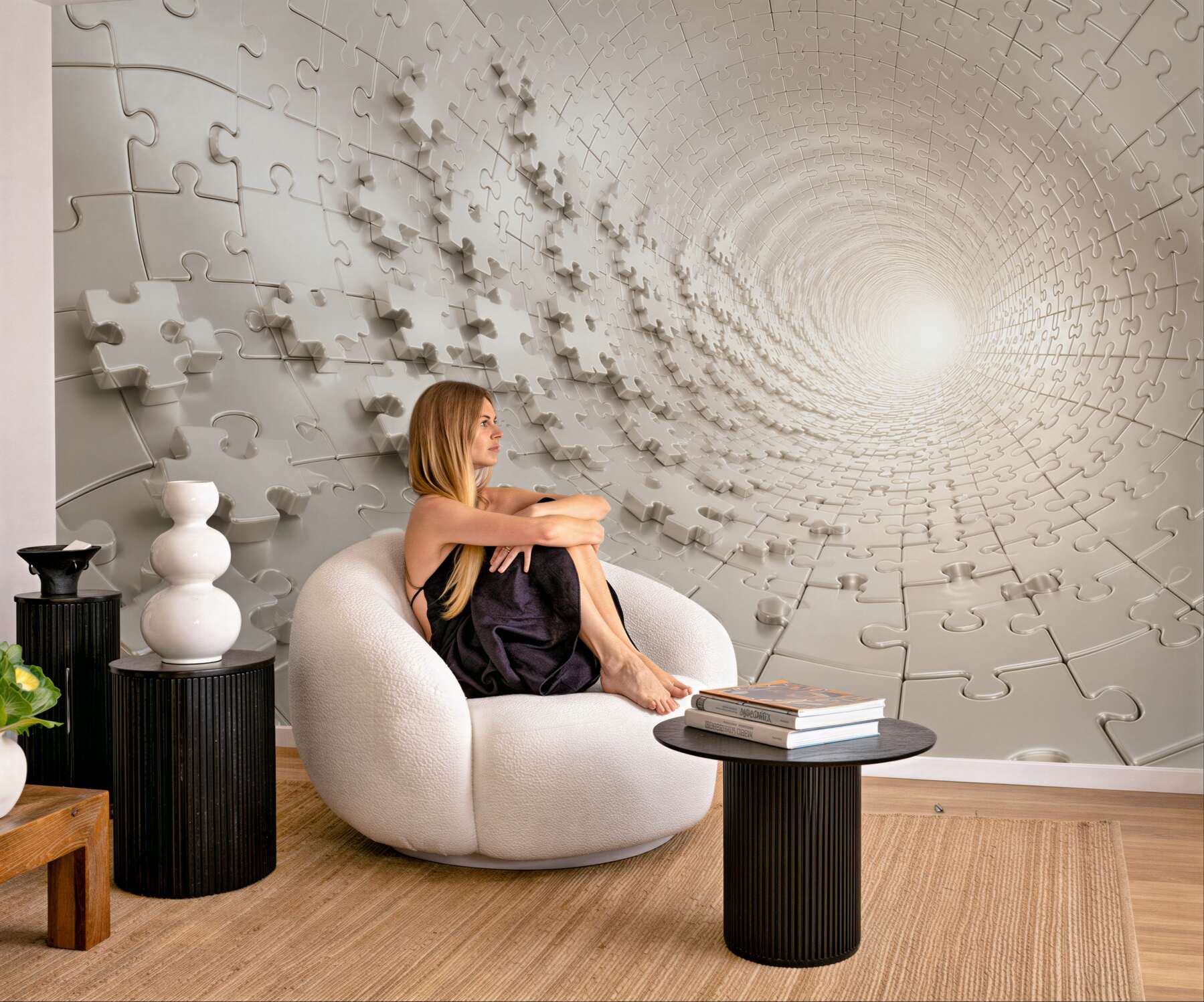 Fototapeta tunel z puzzli 3D beżowy nowoczesna abstrakcja