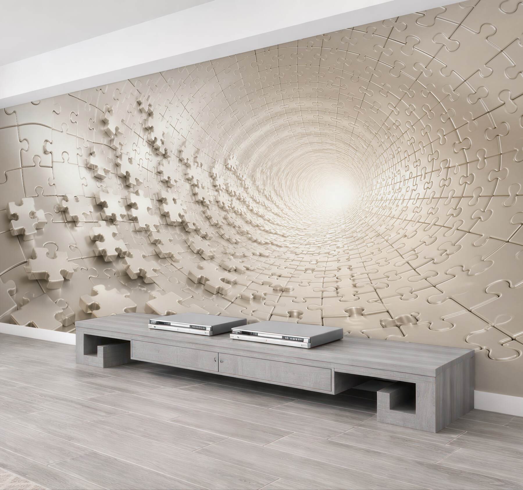 Fototapeta tunel z puzzli 3D beżowy nowoczesna abstrakcja