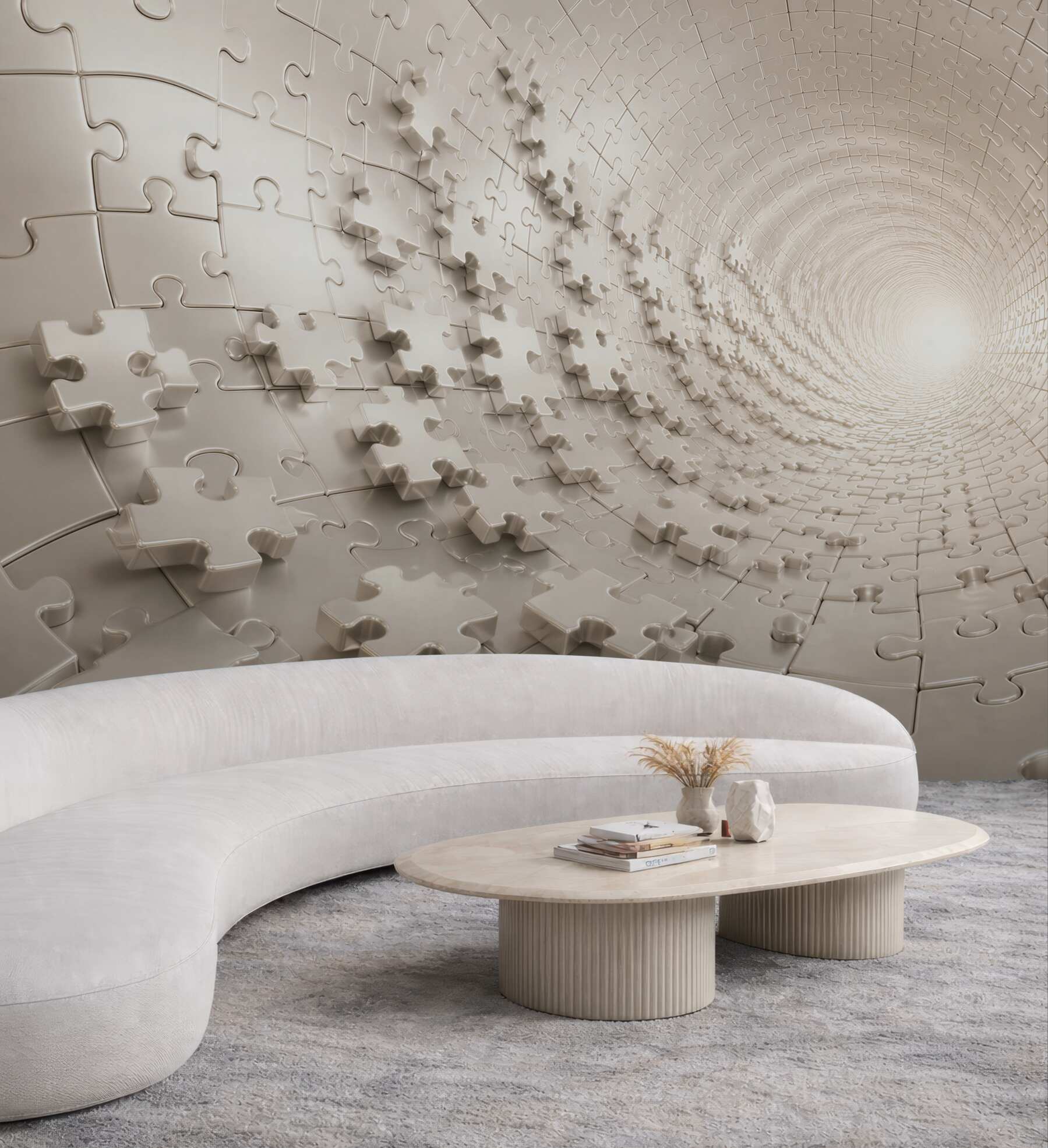 Fototapeta tunel z puzzli 3D beżowy nowoczesna abstrakcja