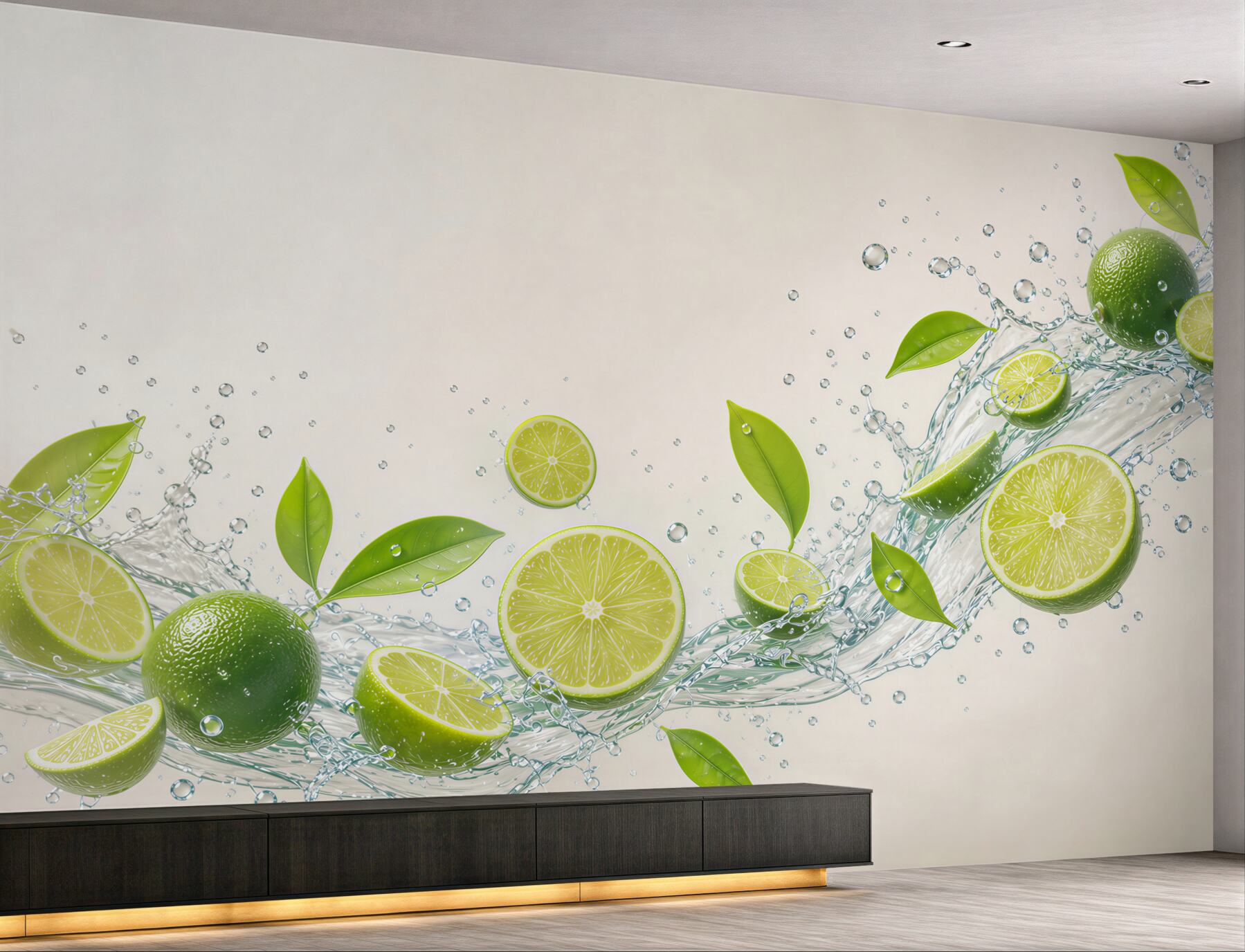 Fototapeta limonki z wodą i zielonymi liśćmi do nowoczesnej kuchni