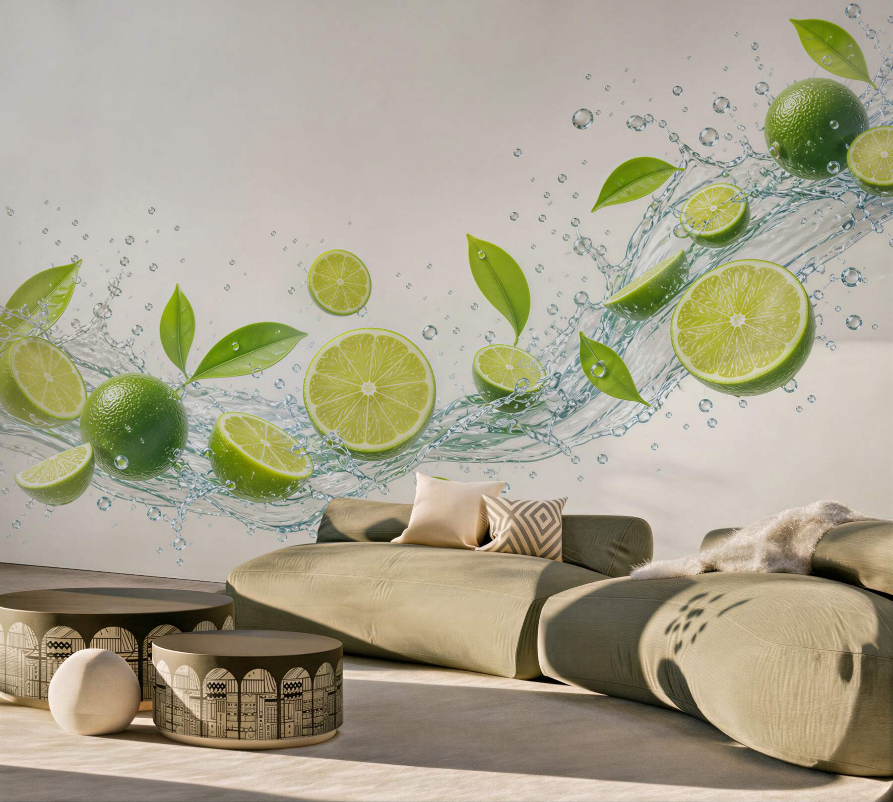 Fototapeta limonki z wodą i zielonymi liśćmi do nowoczesnej kuchni