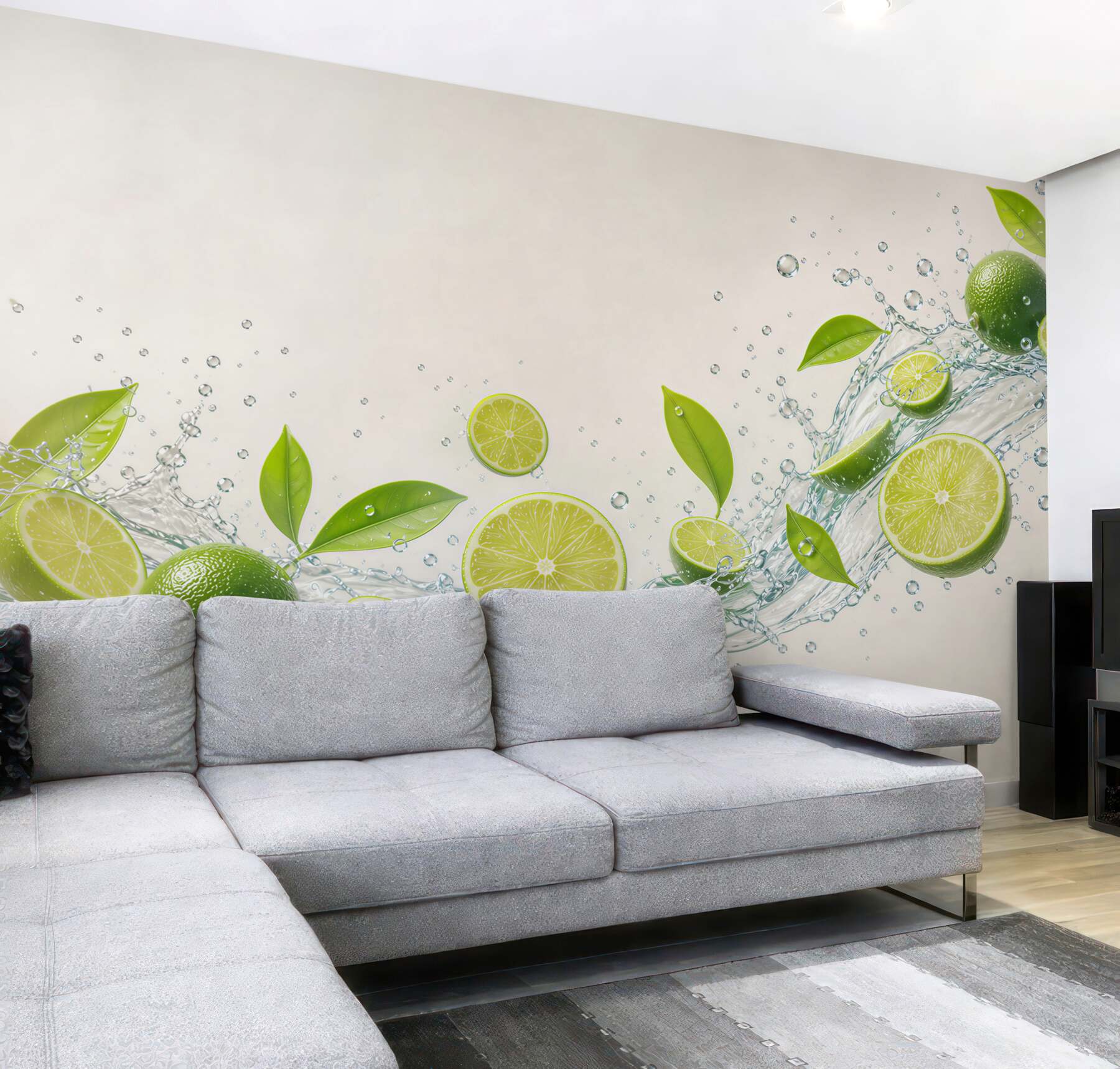 Fototapeta limonki z wodą i zielonymi liśćmi do nowoczesnej kuchni