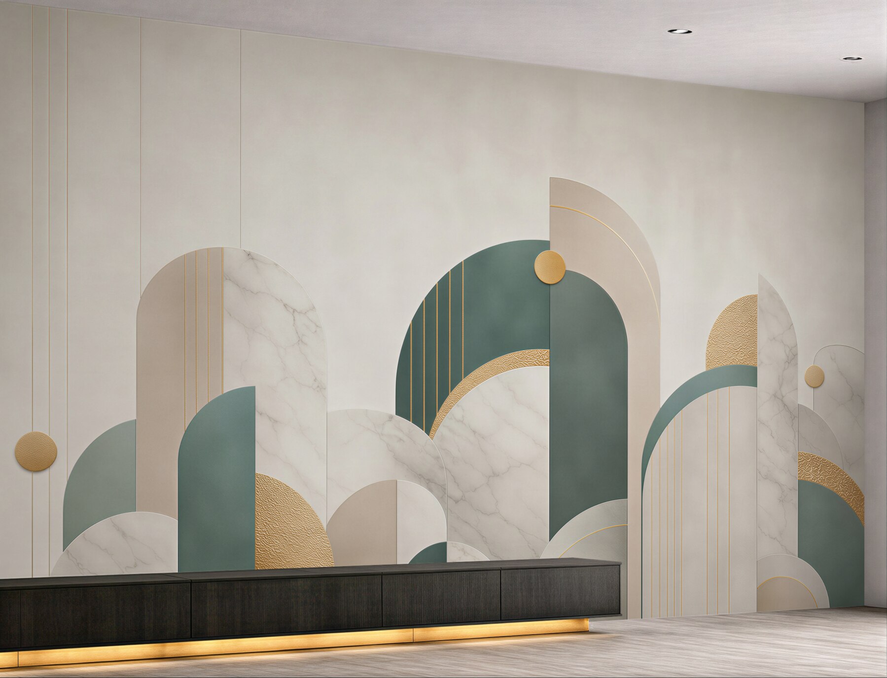 Fototapeta abstrakcyjne łuki art deco beżowo zielone ze złotymi akcentami
