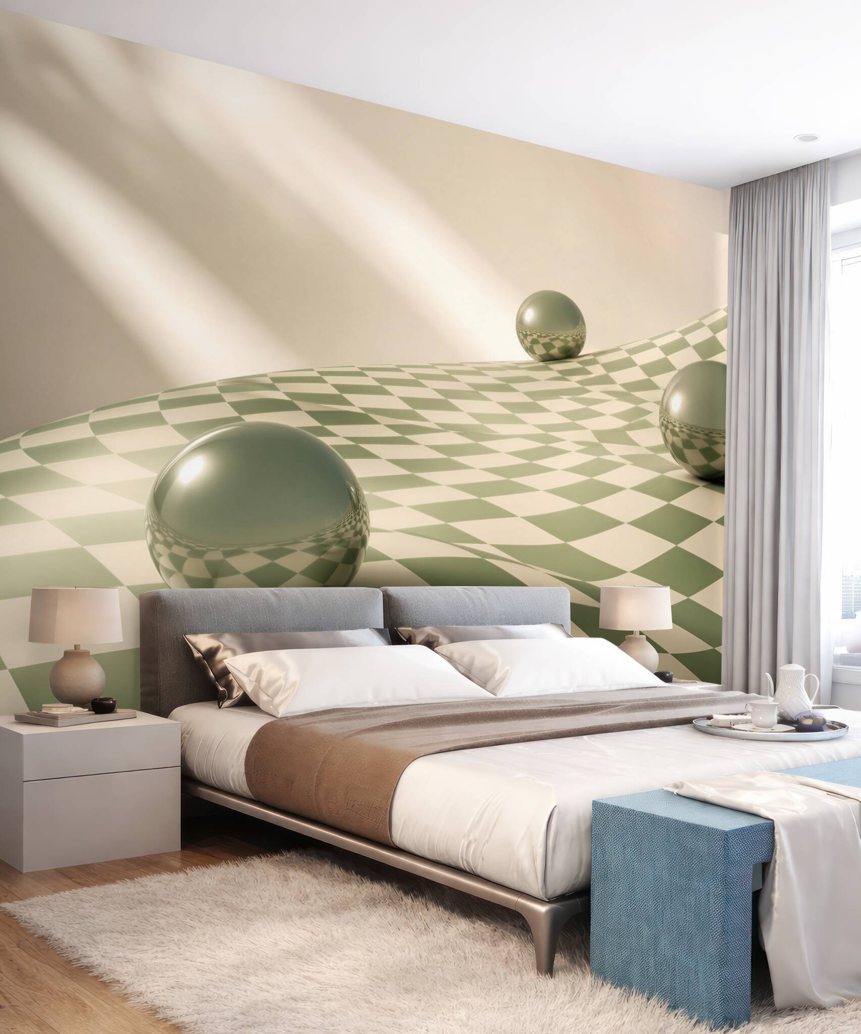 Fototapeta zielona szachownica 3D z lustrzanymi kulami nowoczesna