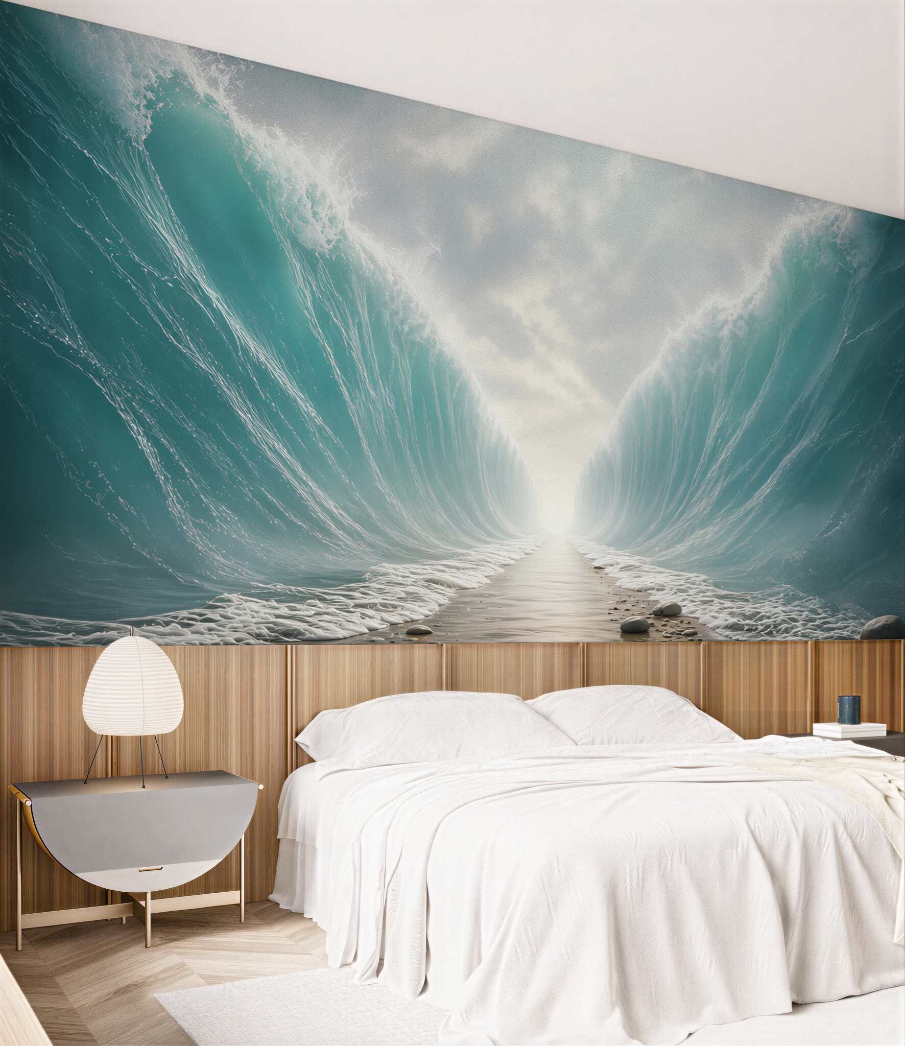 Fototapeta rozstąpione fale oceanu turkusowe z plażą i niebem