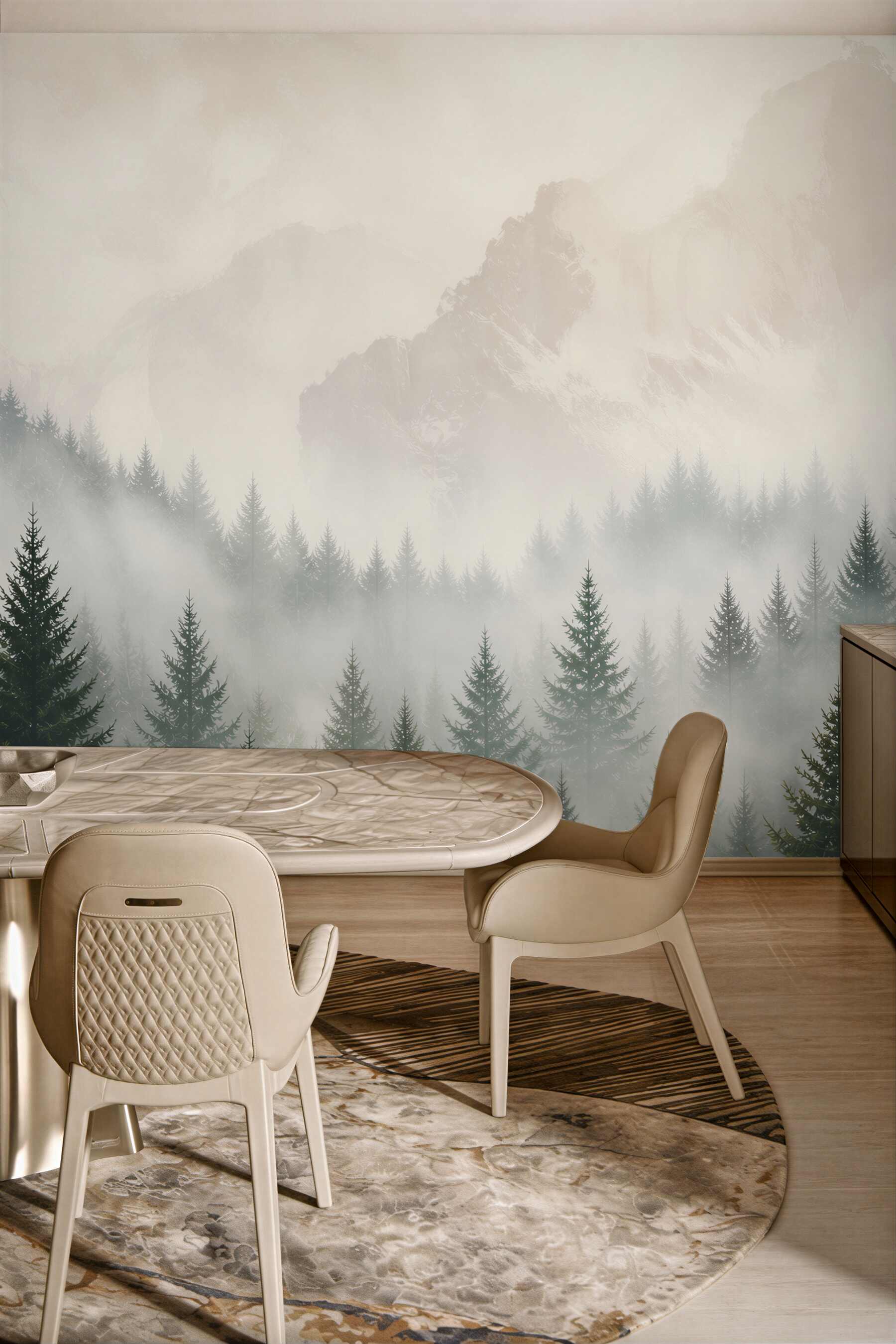 Fototapeta góry we mgle i las iglasty w stonowanych barwach
