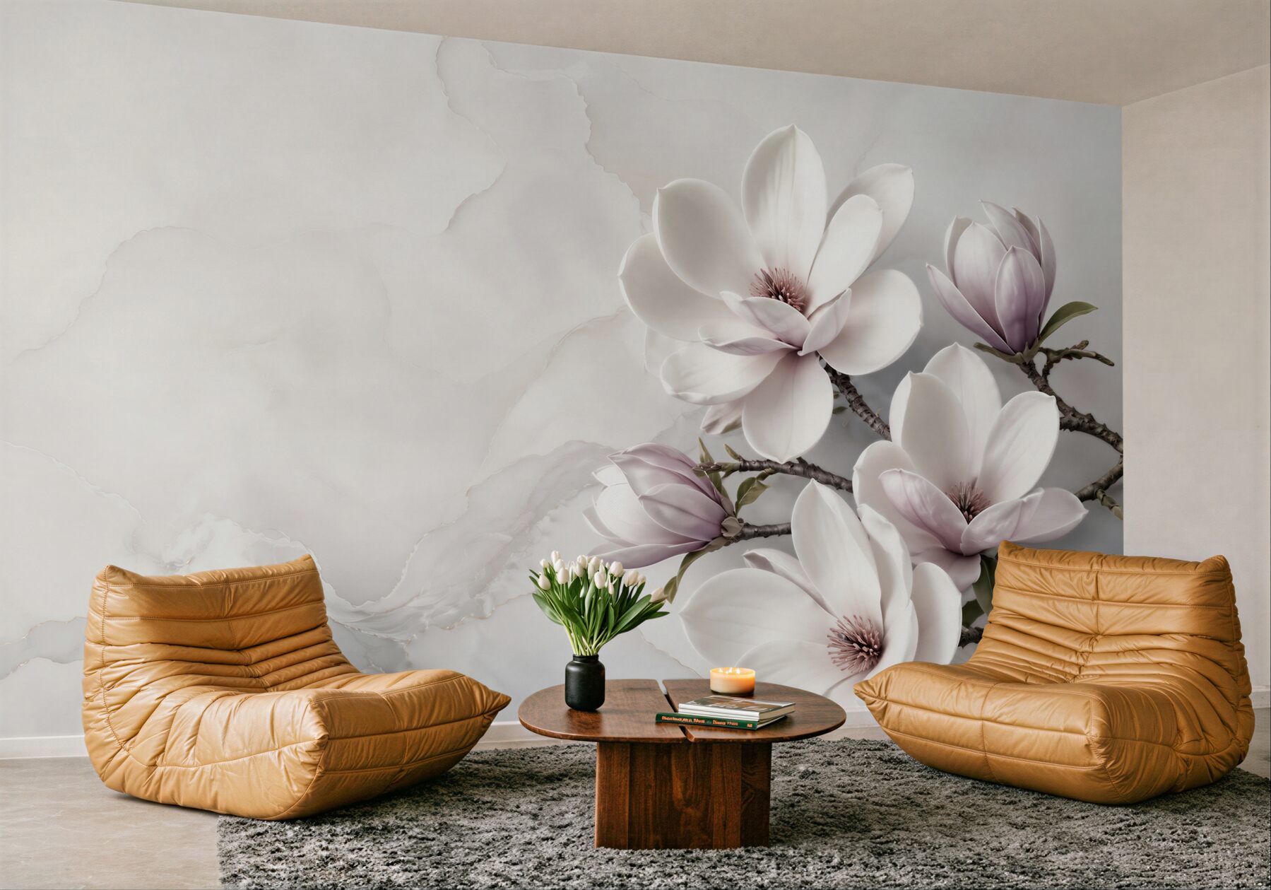 Fototapeta magnolie białe i pudroworóżowe na jasnym marmurowym tle