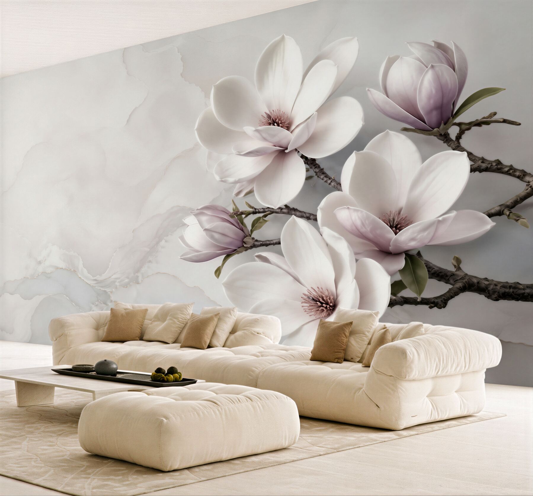 Fototapeta magnolie białe i pudroworóżowe na jasnym marmurowym tle