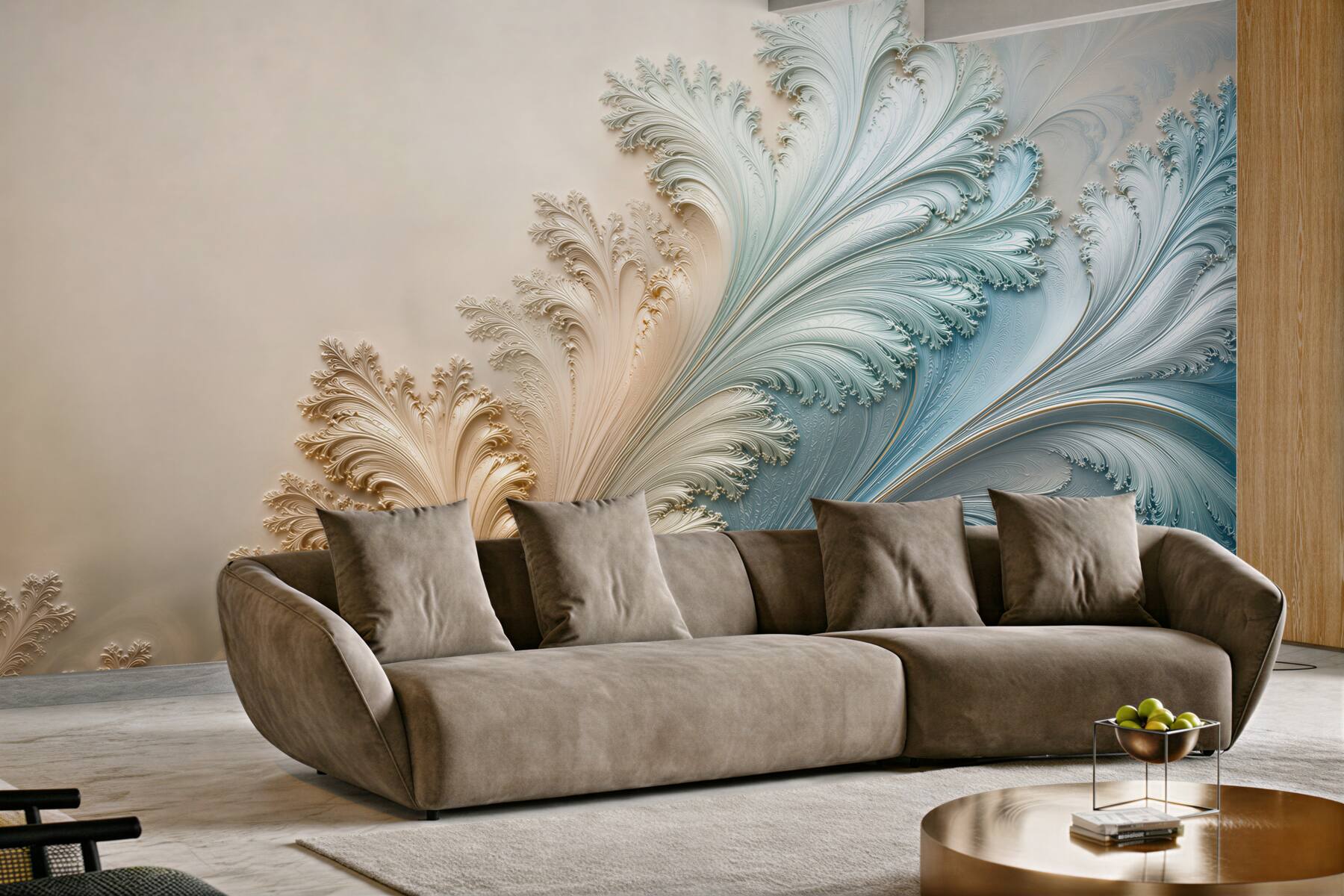 Fototapeta abstrakcyjne liście ornamentowe beżowo niebieskie eleganckie