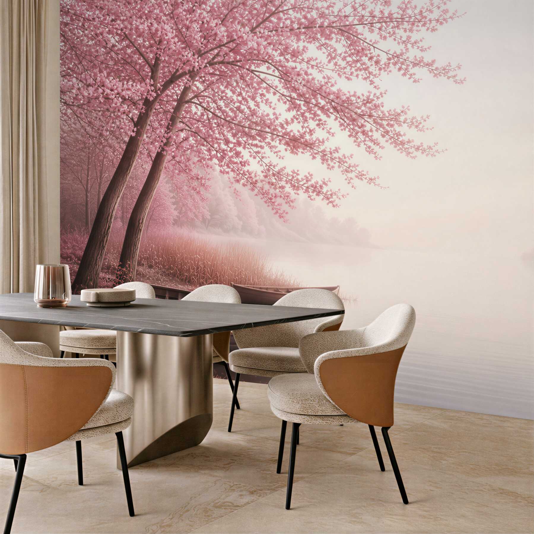 Fototapeta różowe kwitnące drzewa i łódki nad jeziorem romantyczna