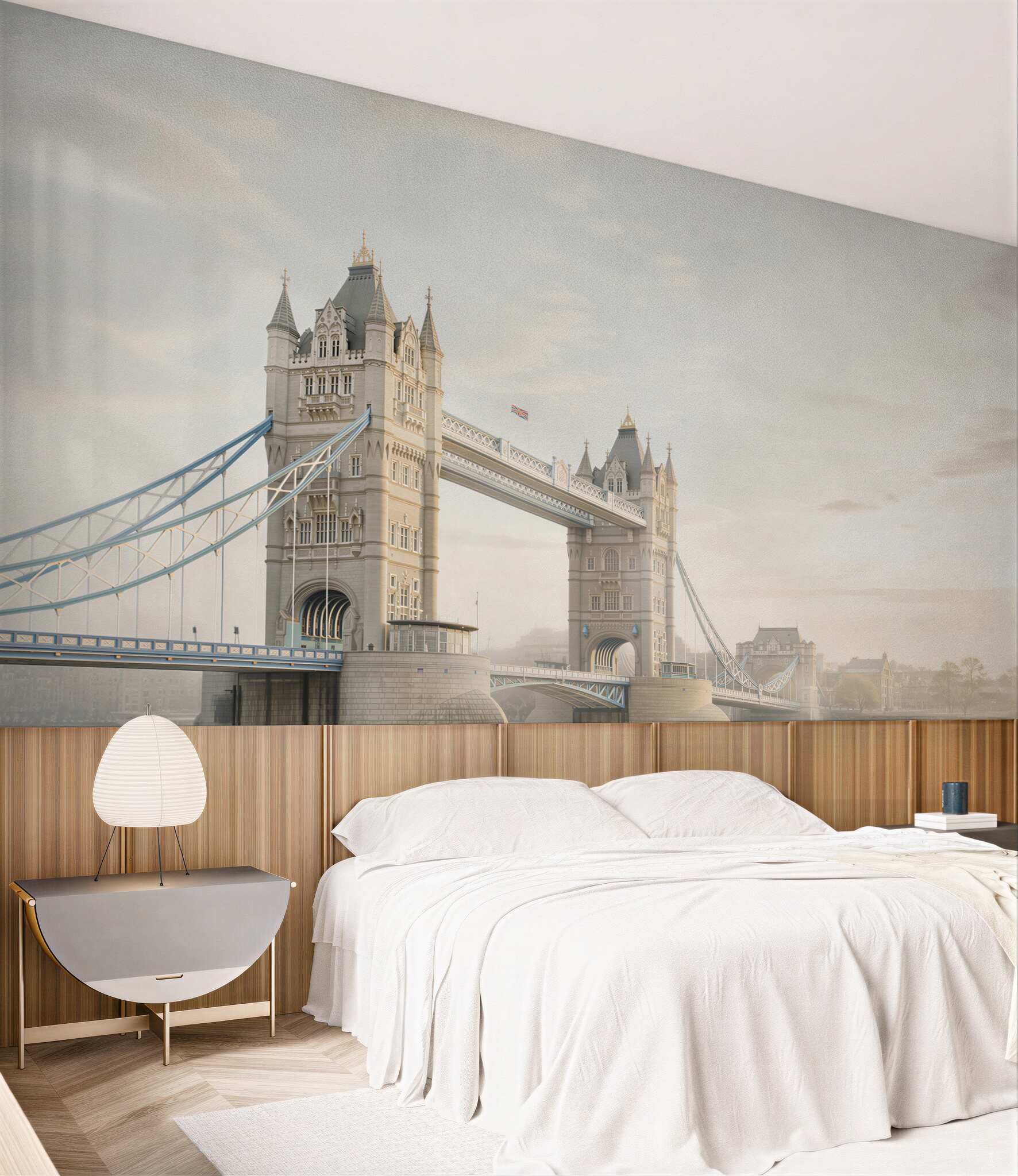 Fototapeta Tower Bridge w Londynie we mgle pastelowy pejzaż miejski