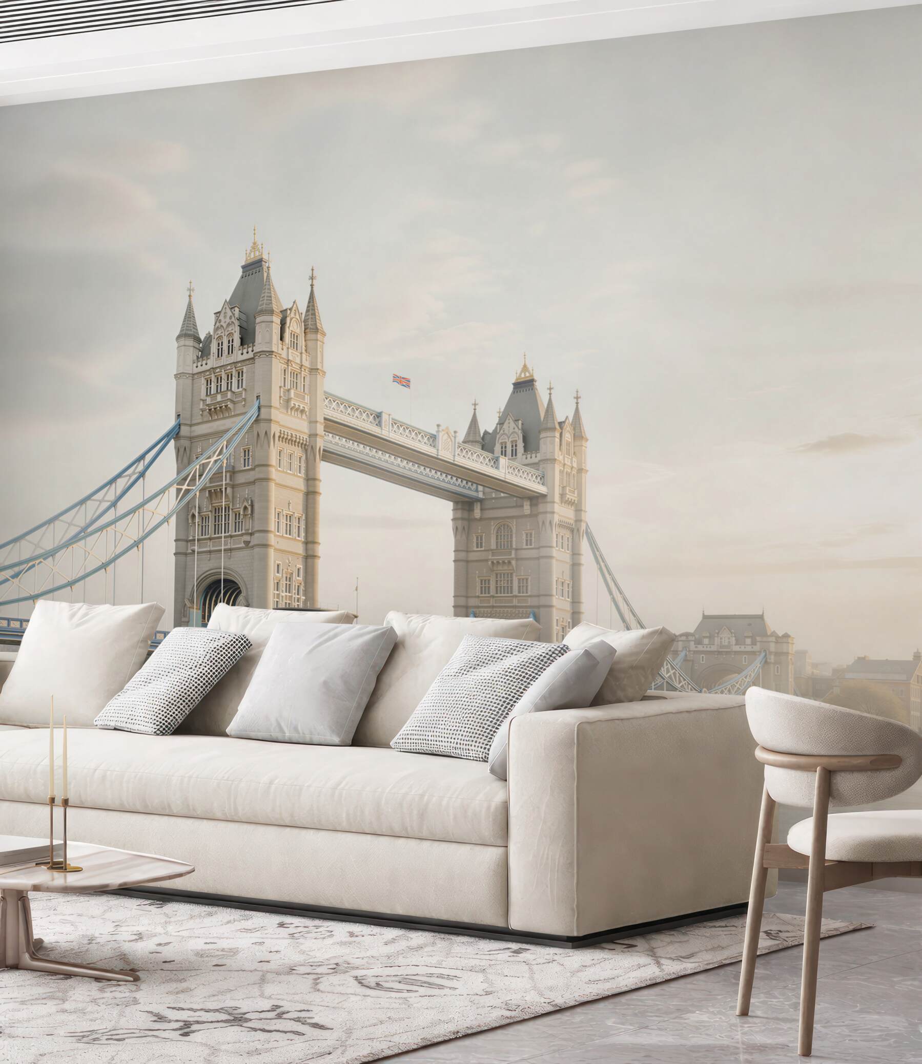 Fototapeta Tower Bridge w Londynie we mgle pastelowy pejzaż miejski