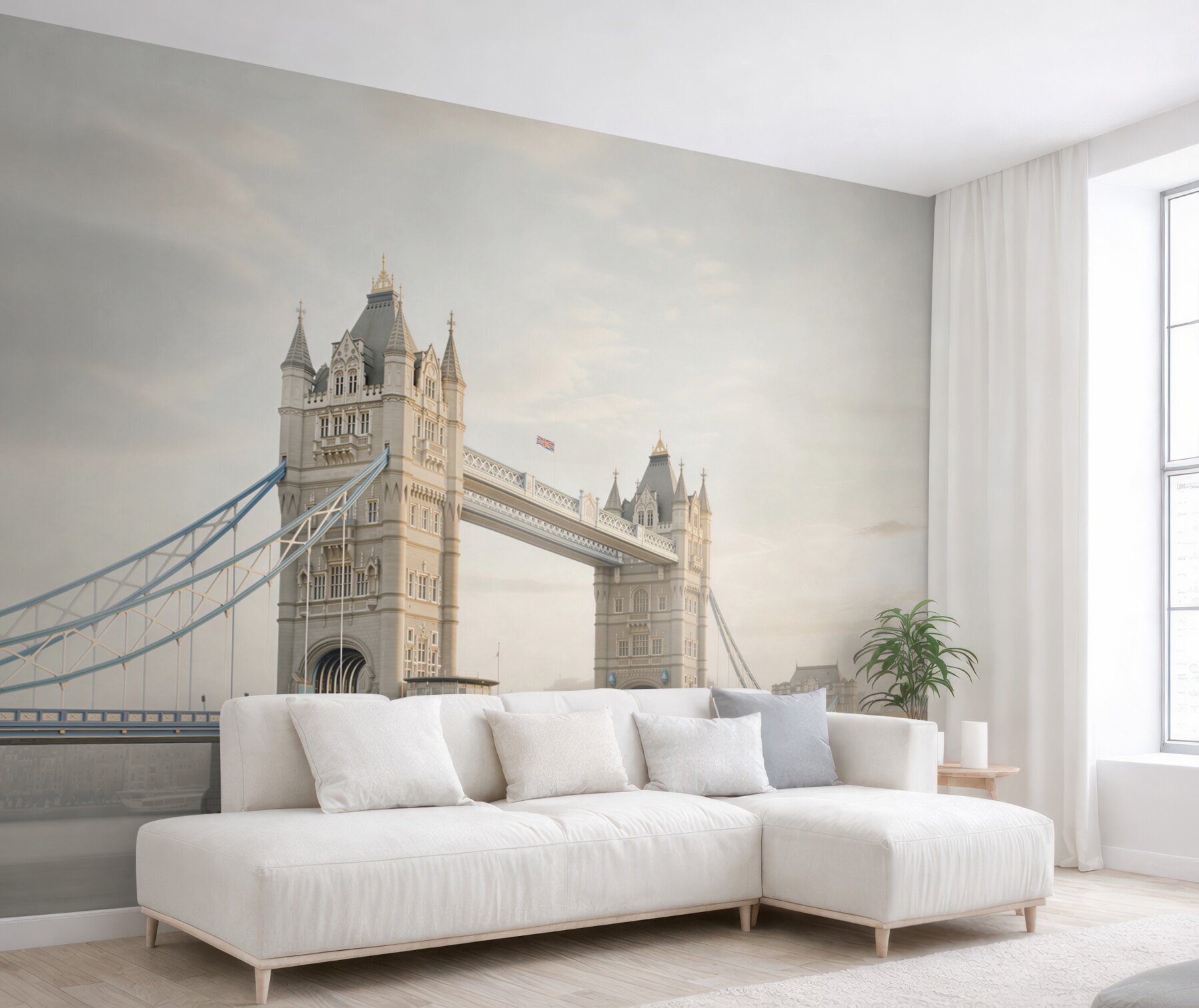 Fototapeta Tower Bridge w Londynie we mgle pastelowy pejzaż miejski