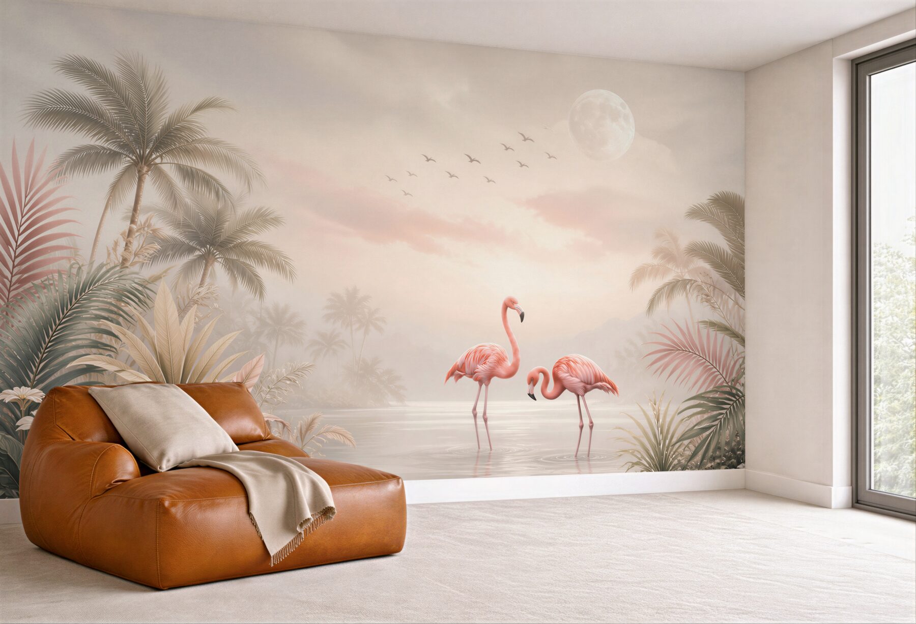 Fototapeta flamingi różowe nad wodą w tropikalnym krajobrazie