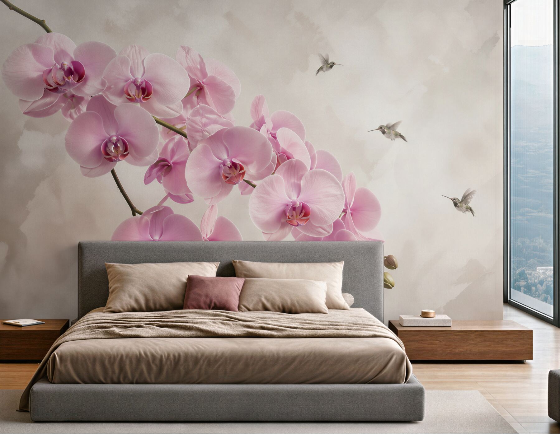 Fototapeta różowe storczyki z kolibrami na jasnym eleganckim tle