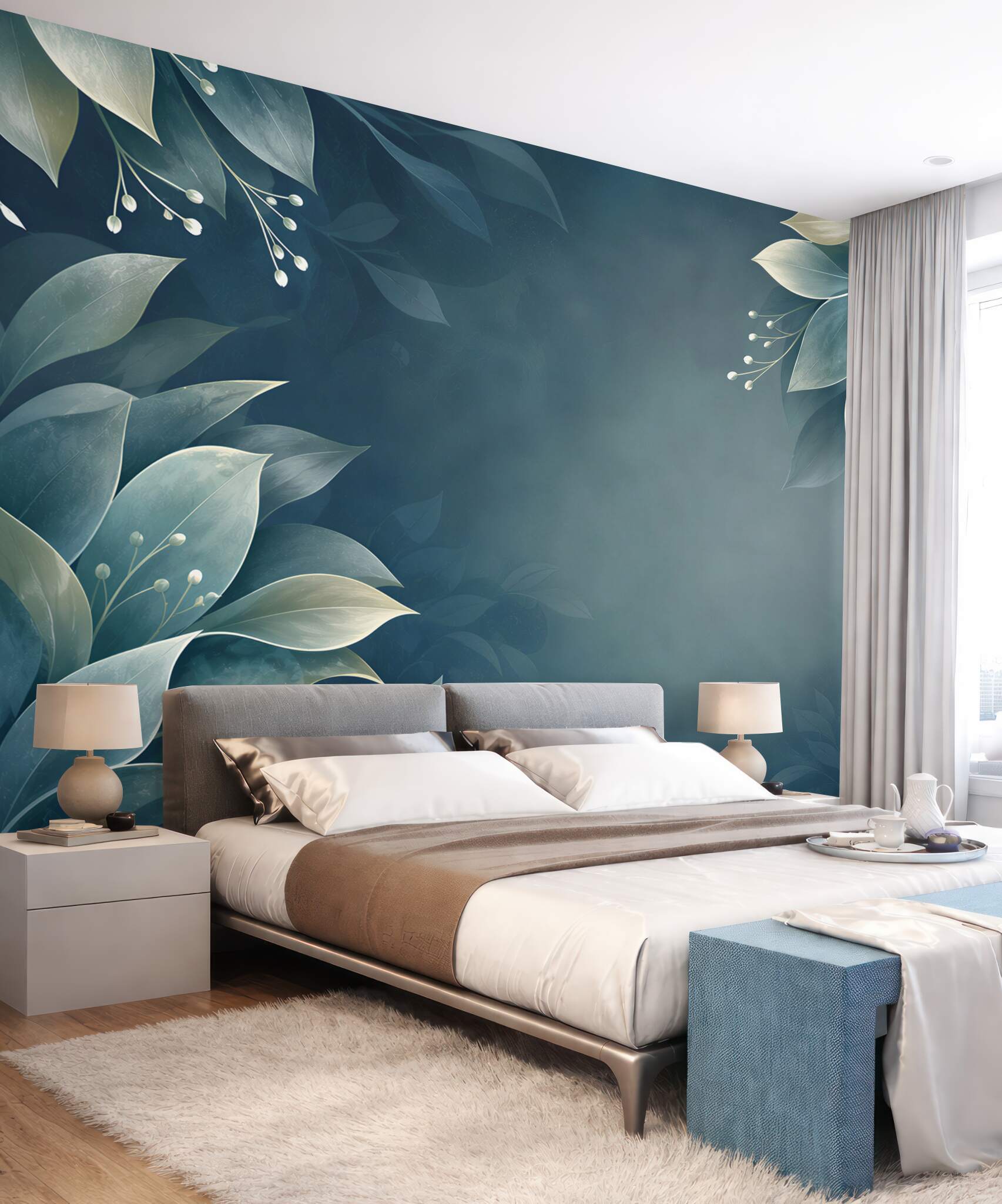 Fototapeta niebieskie liście botaniczne na ciemnym tle nowoczesna