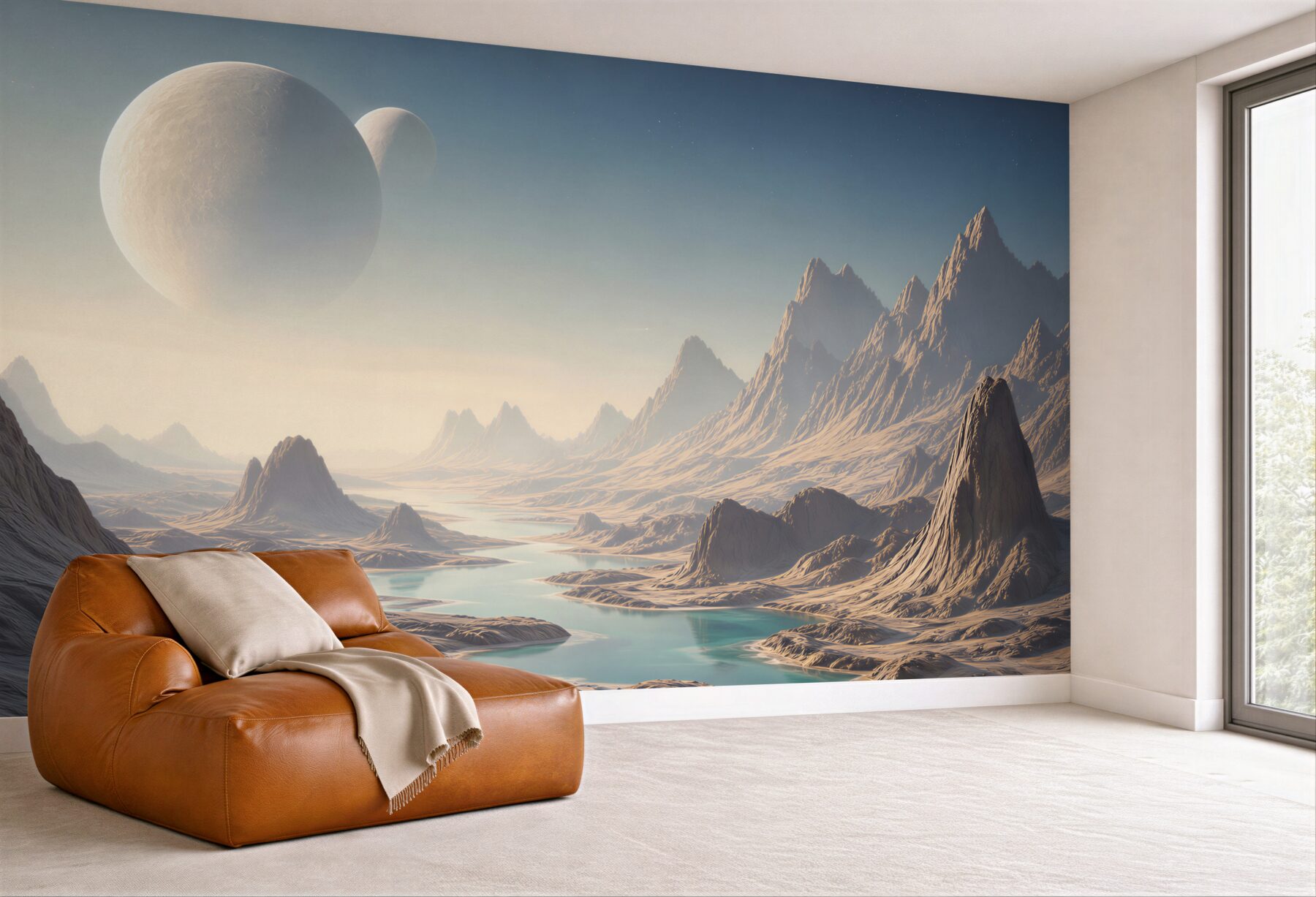 Fototapeta kosmiczny krajobraz z planetami i błękitnym jeziorem