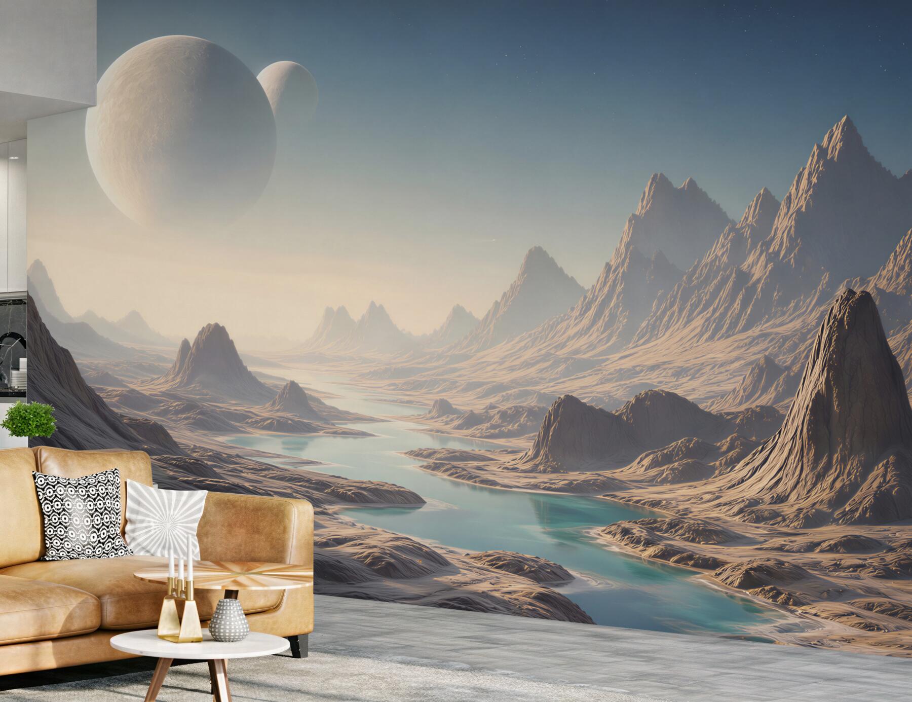 Fototapeta kosmiczny krajobraz z planetami i błękitnym jeziorem