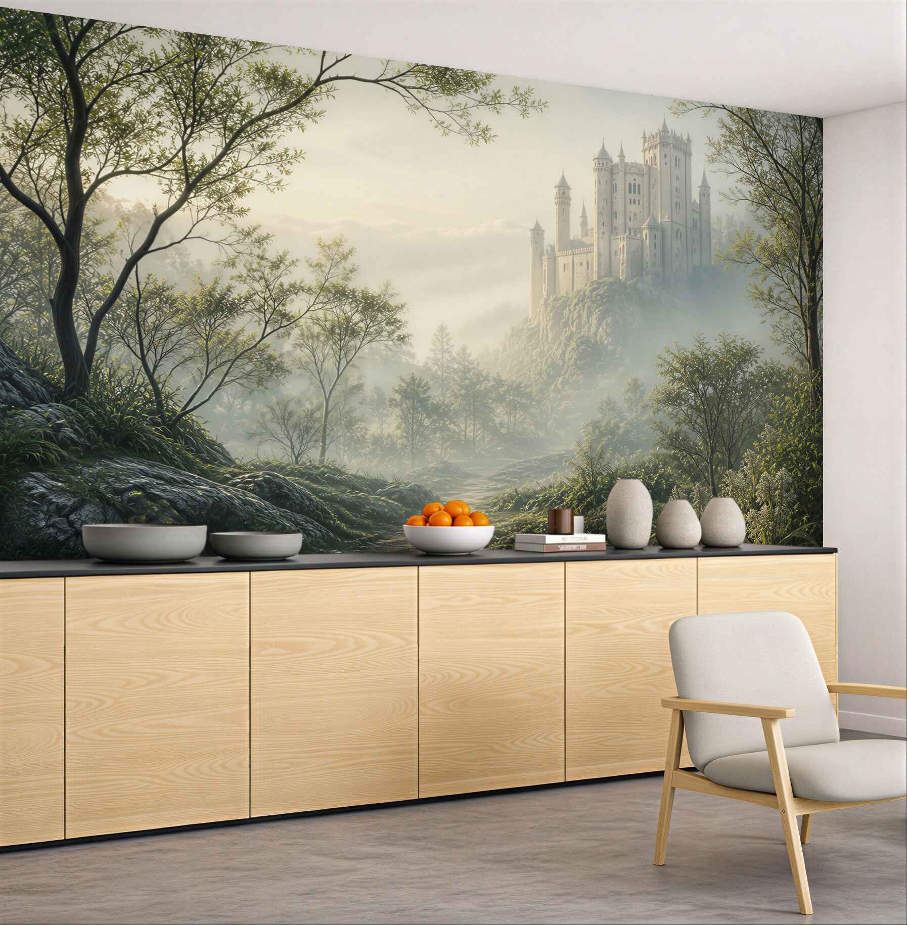 Fototapeta baśniowy zamek we mgle w leśnej scenerii
