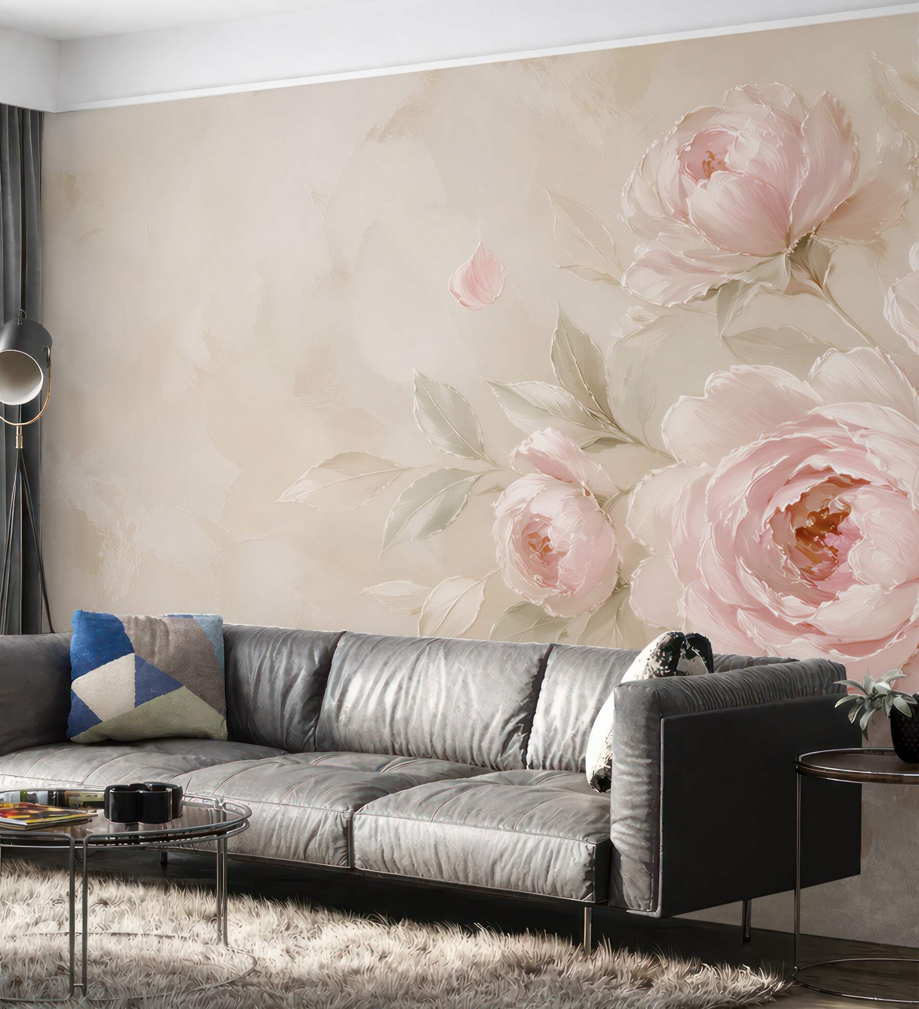 Fototapeta piwonie pudrowy róż na beżowym tle elegancka do sypialni