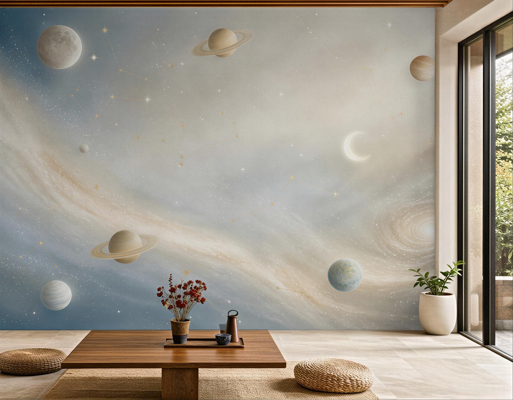 Fototapeta galaktyka z planetami i gwiazdozbiorami w pastelowym niebie