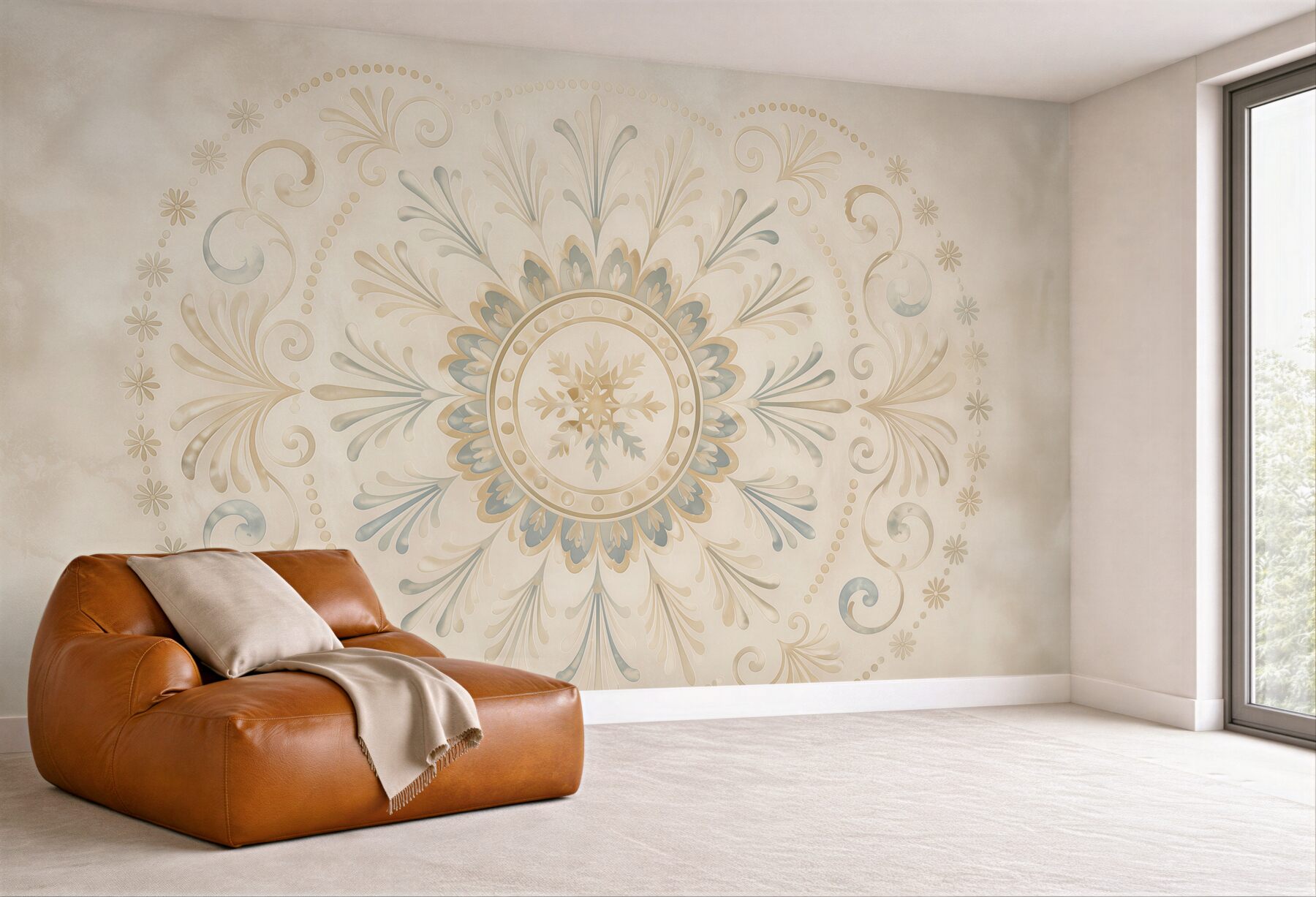 Fototapeta ornament mandala beżowo błękitna subtelna elegancja