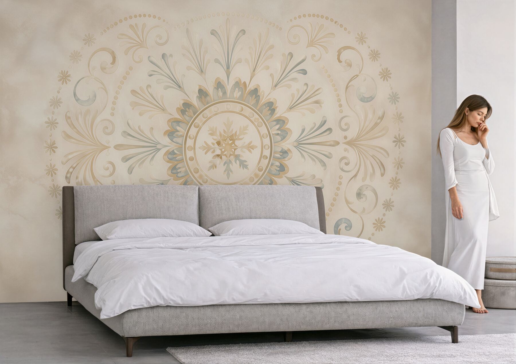 Fototapeta ornament mandala beżowo błękitna subtelna elegancja