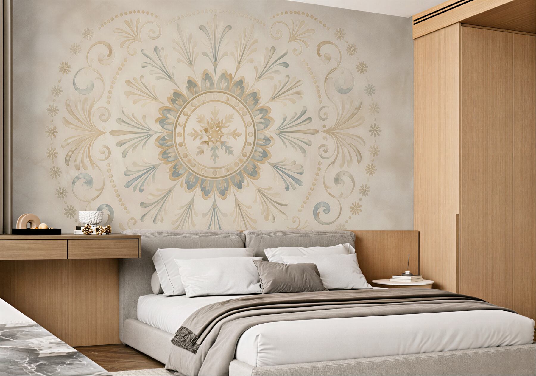 Fototapeta ornament mandala beżowo błękitna subtelna elegancja
