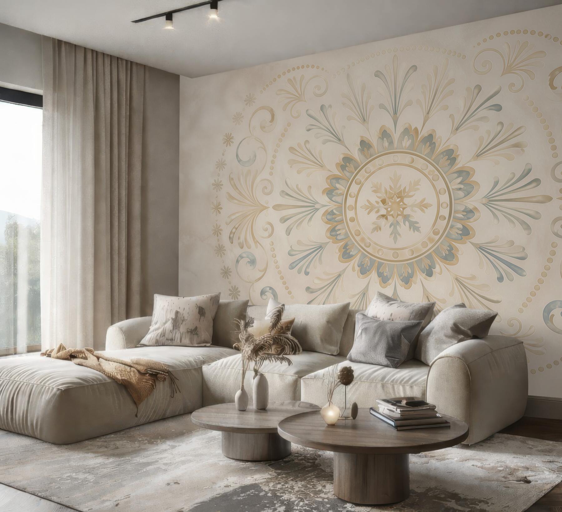 Fototapeta ornament mandala beżowo błękitna subtelna elegancja