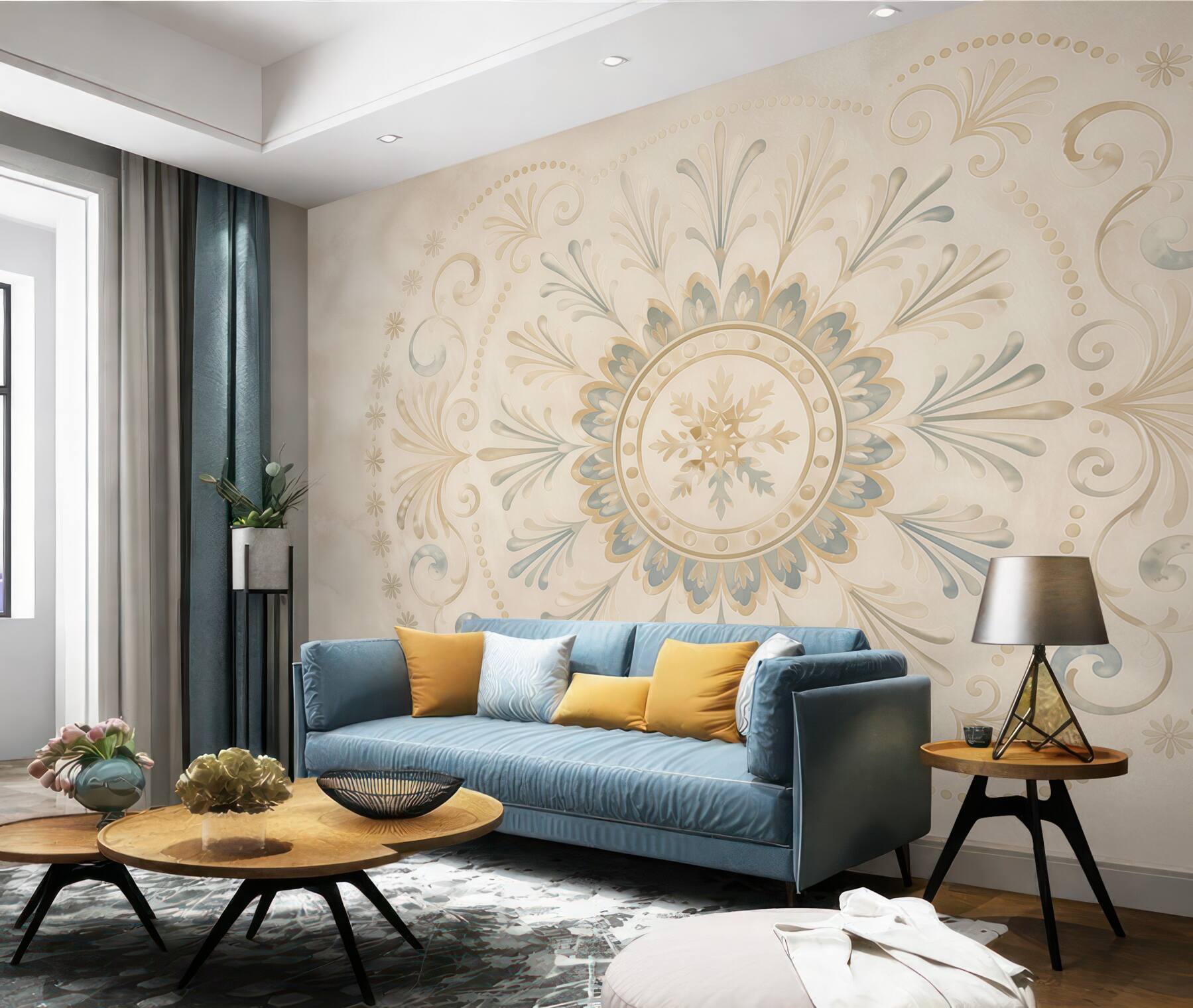 Fototapeta ornament mandala beżowo błękitna subtelna elegancja