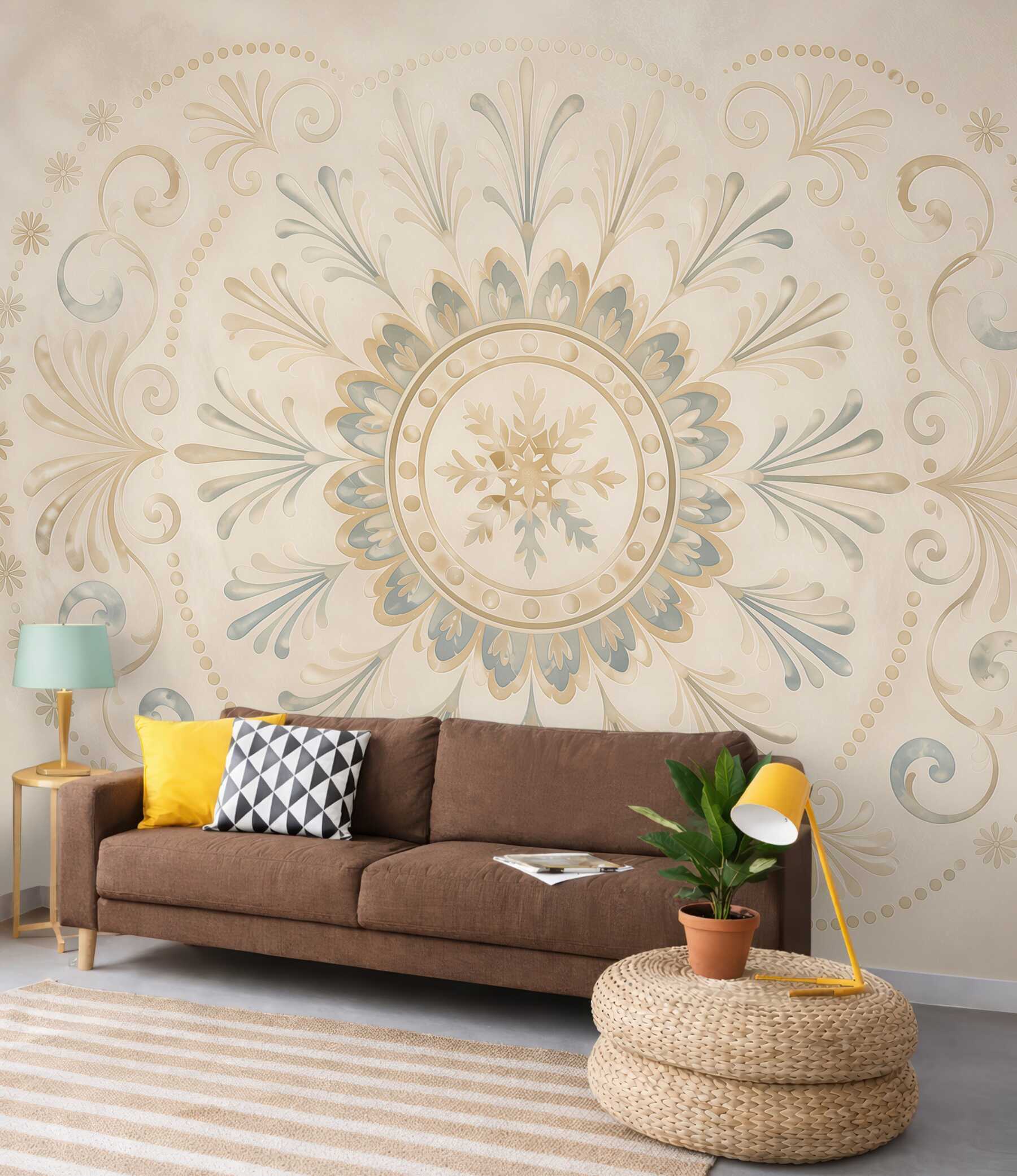 Fototapeta ornament mandala beżowo błękitna subtelna elegancja