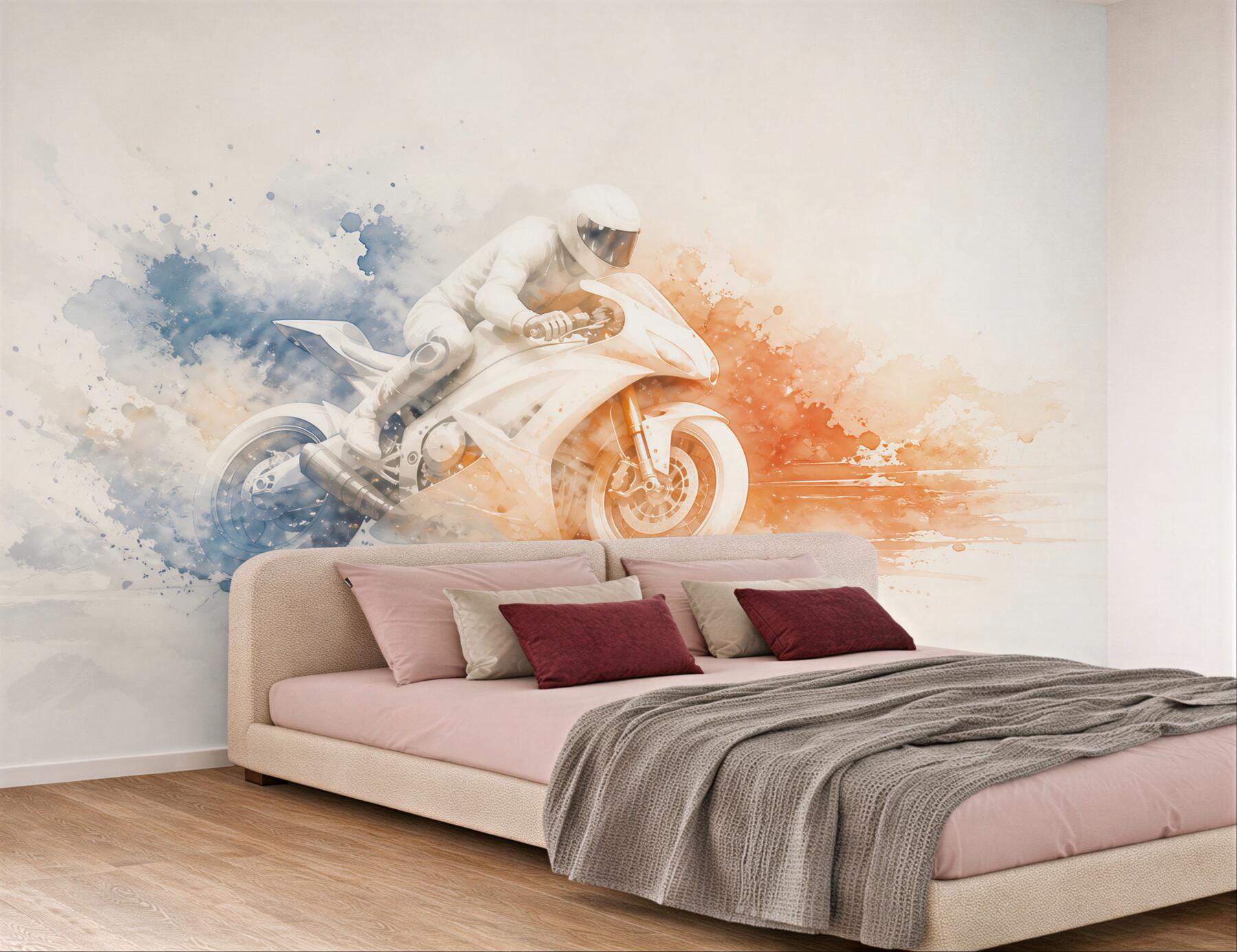 Fototapeta motocykl sportowy akwarela niebiesko pomarańczowa dynamiczna