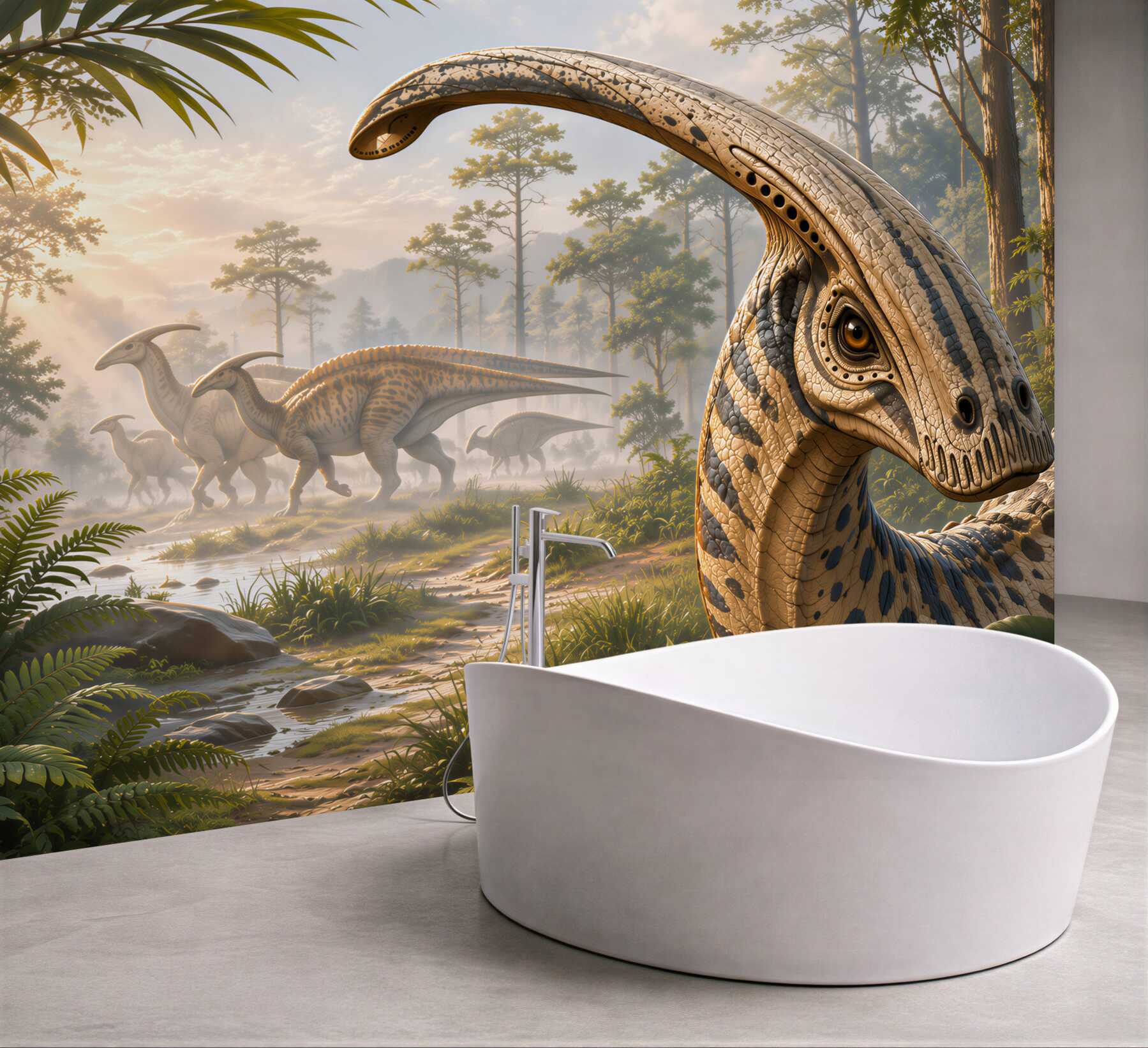 Fototapeta dinozaury w prehistorycznym lesie realistyczna do pokoju dziecka