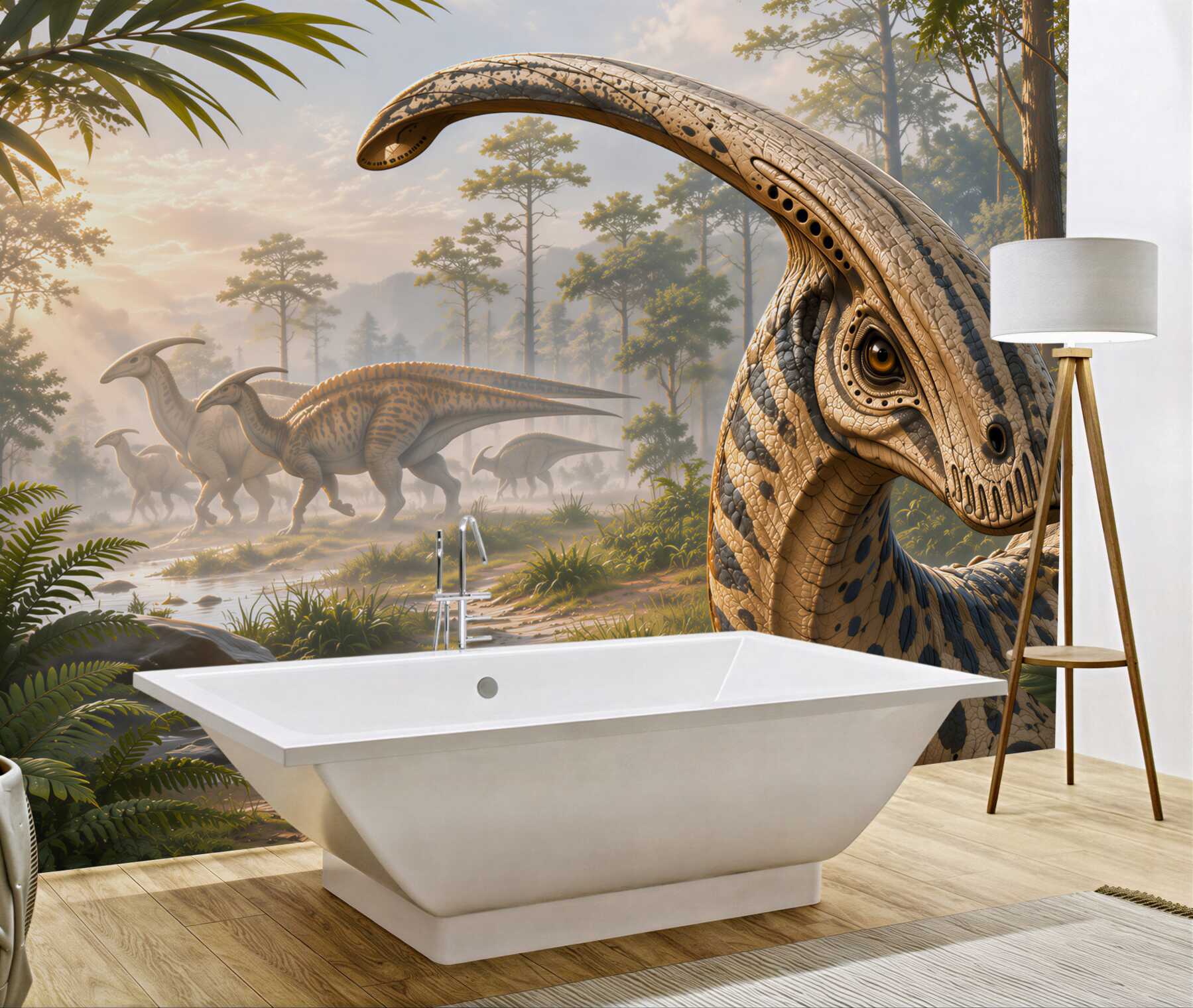 Fototapeta dinozaury w prehistorycznym lesie realistyczna do pokoju dziecka