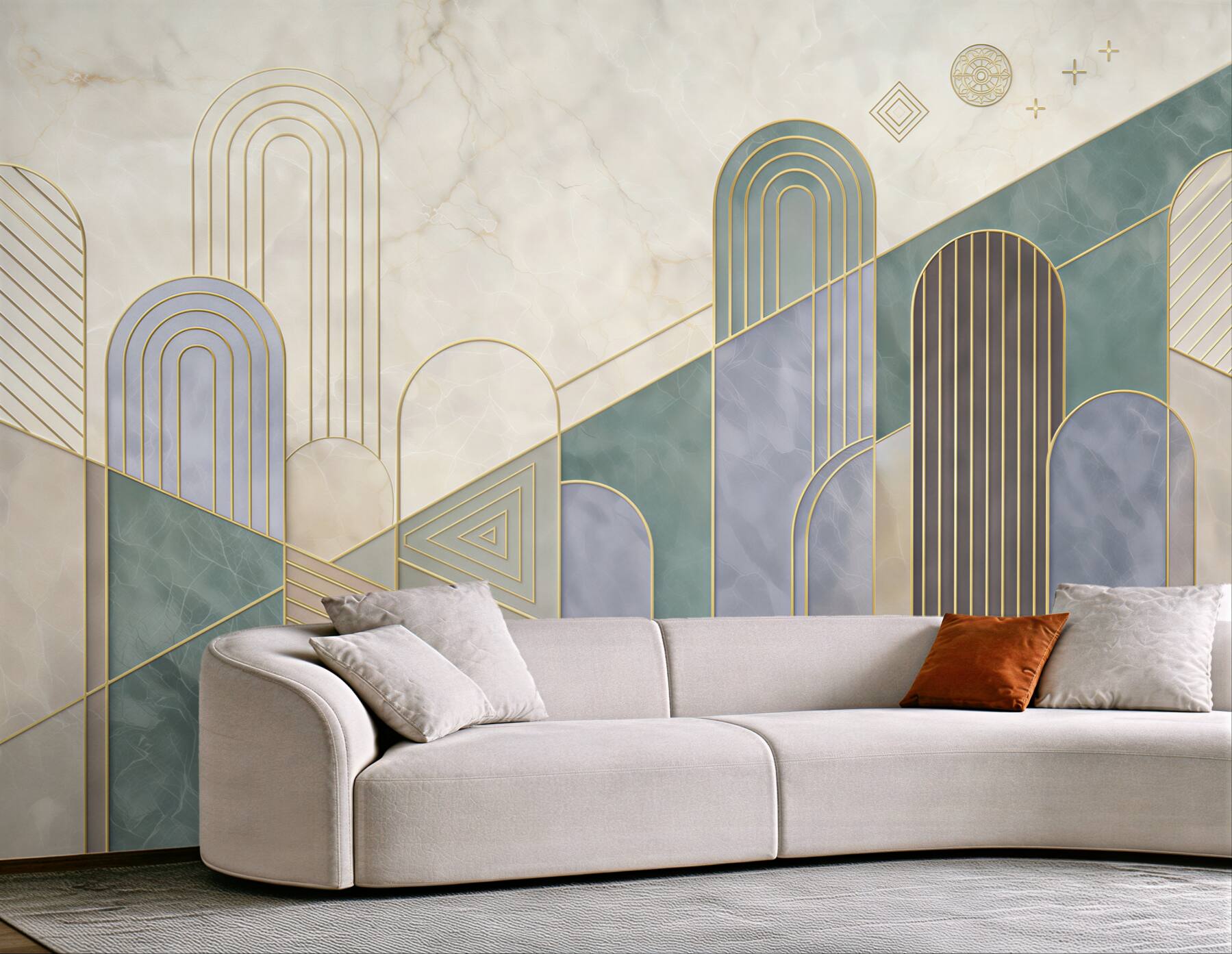 Fototapeta geometryczne łuki pastelowe ze złotymi liniami art deco