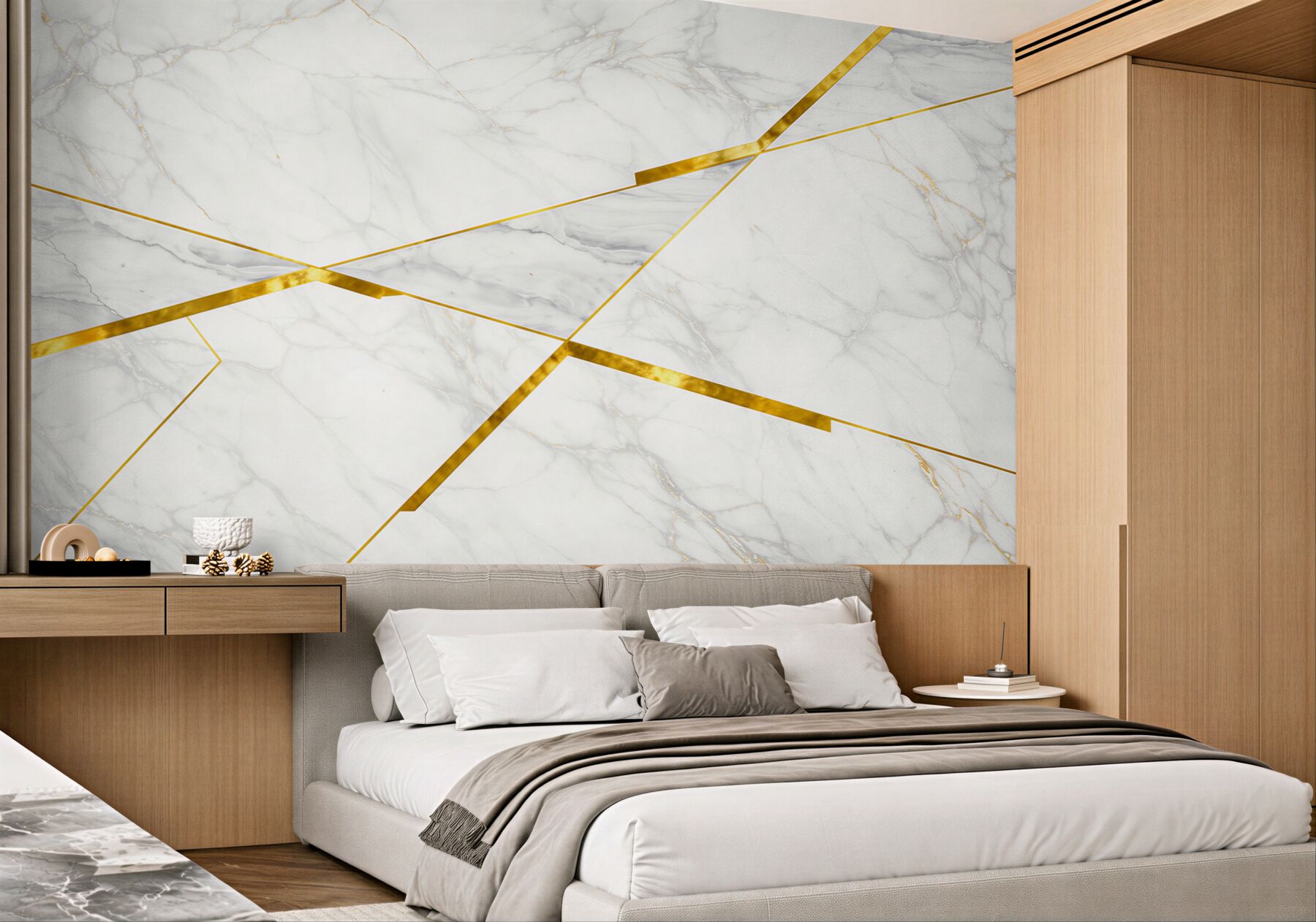 Fototapeta biały marmur ze złotymi liniami geometryczna elegancja