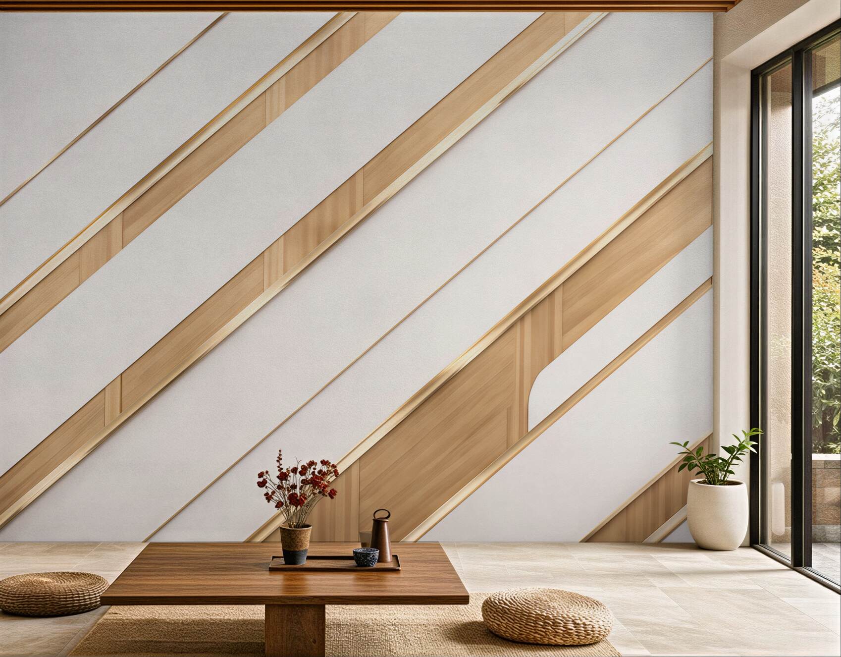 Fototapeta geometryczne panele białe i drewniane nowoczesna abstrakcja