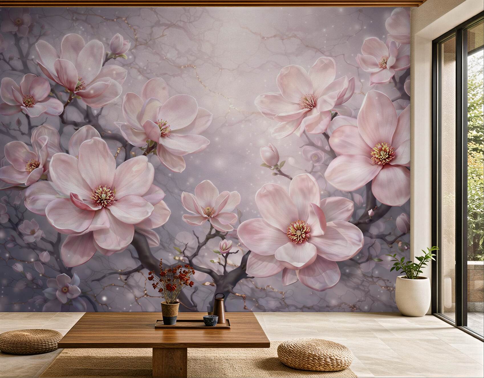 Fototapeta różowe magnolie na gałęziach elegancka i romantyczna