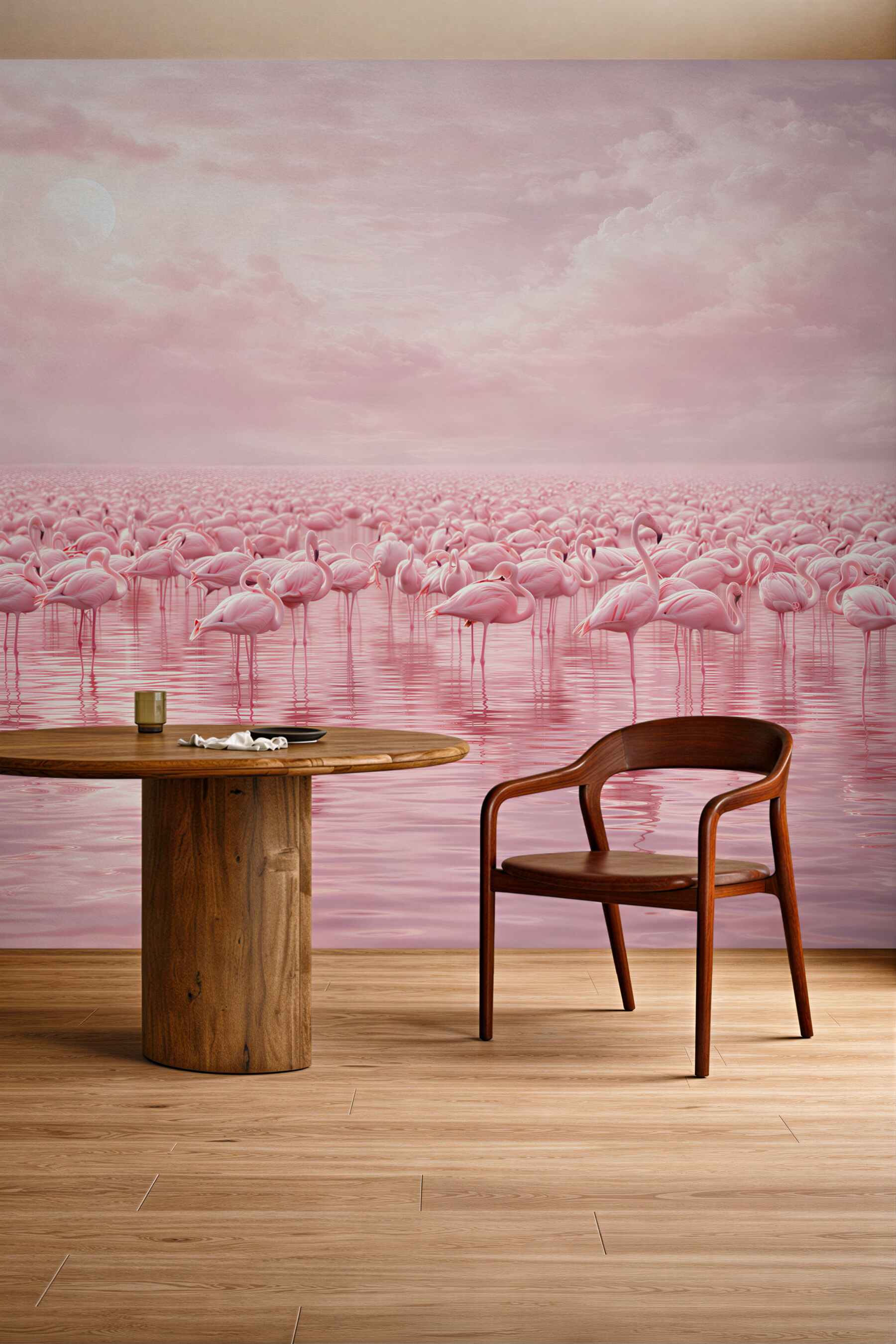 Fototapeta różowe flamingi na wodzie w pastelowym niebie
