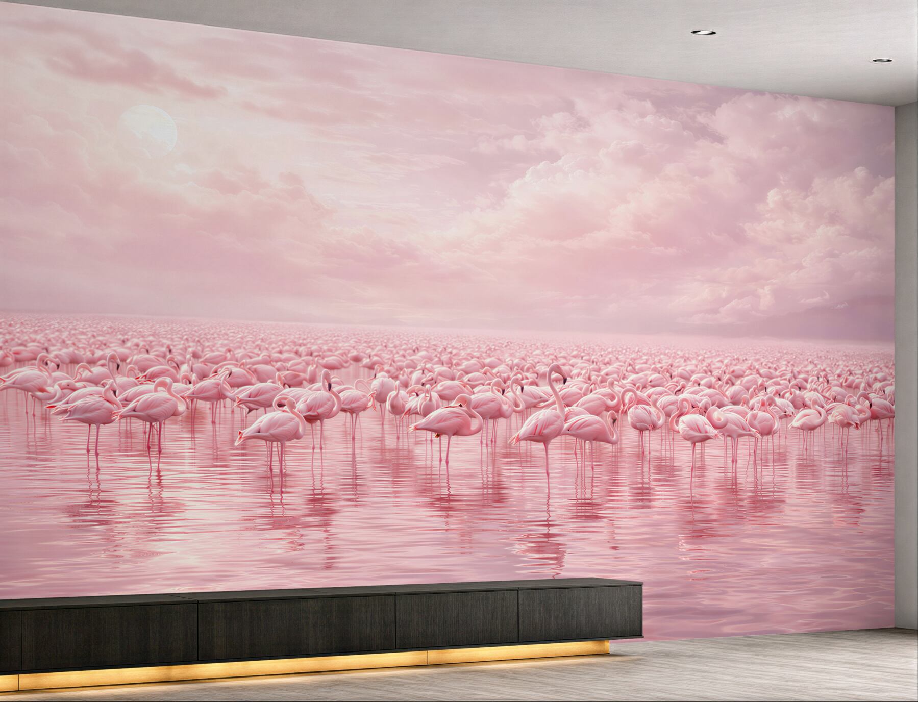Fototapeta różowe flamingi na wodzie w pastelowym niebie