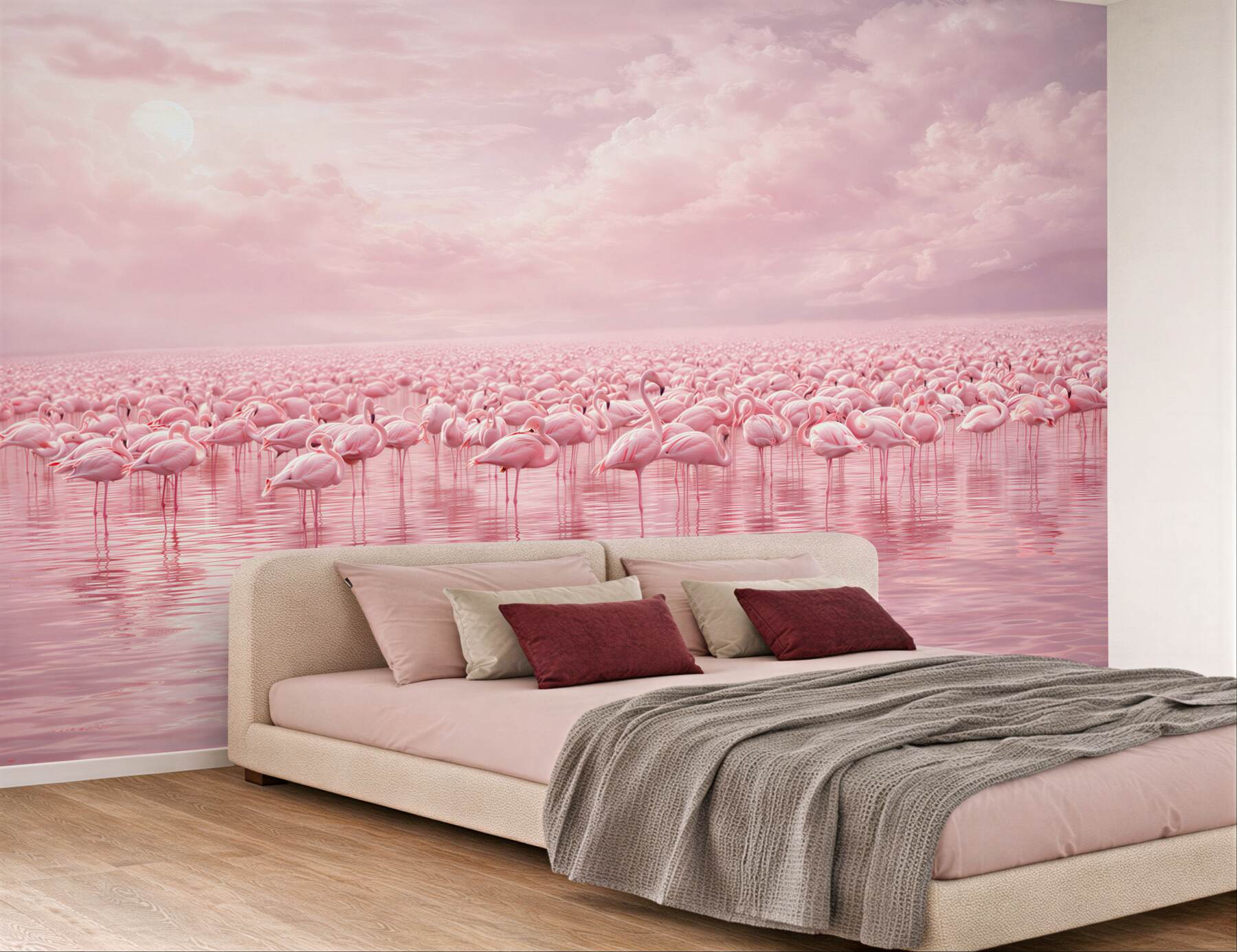 Fototapeta różowe flamingi na wodzie w pastelowym niebie
