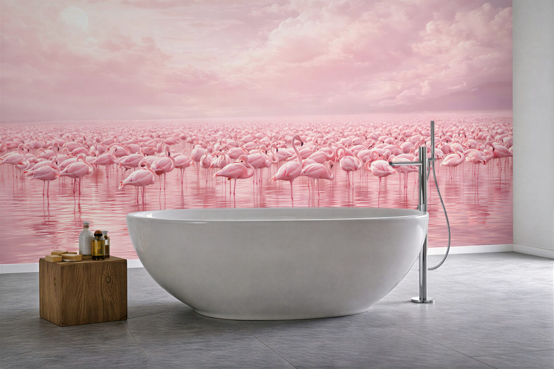 Fototapeta różowe flamingi na wodzie w pastelowym niebie