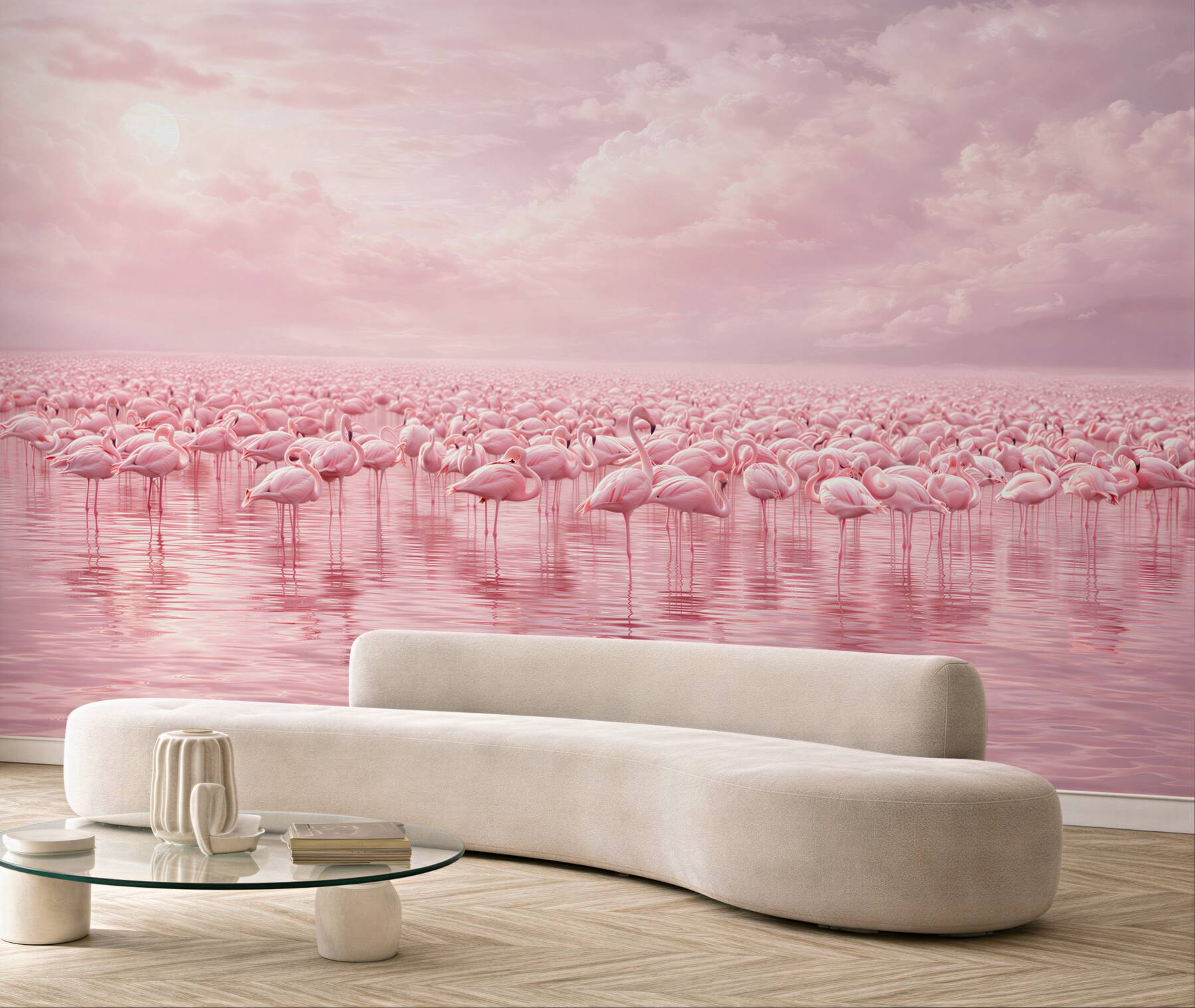 Fototapeta różowe flamingi na wodzie w pastelowym niebie