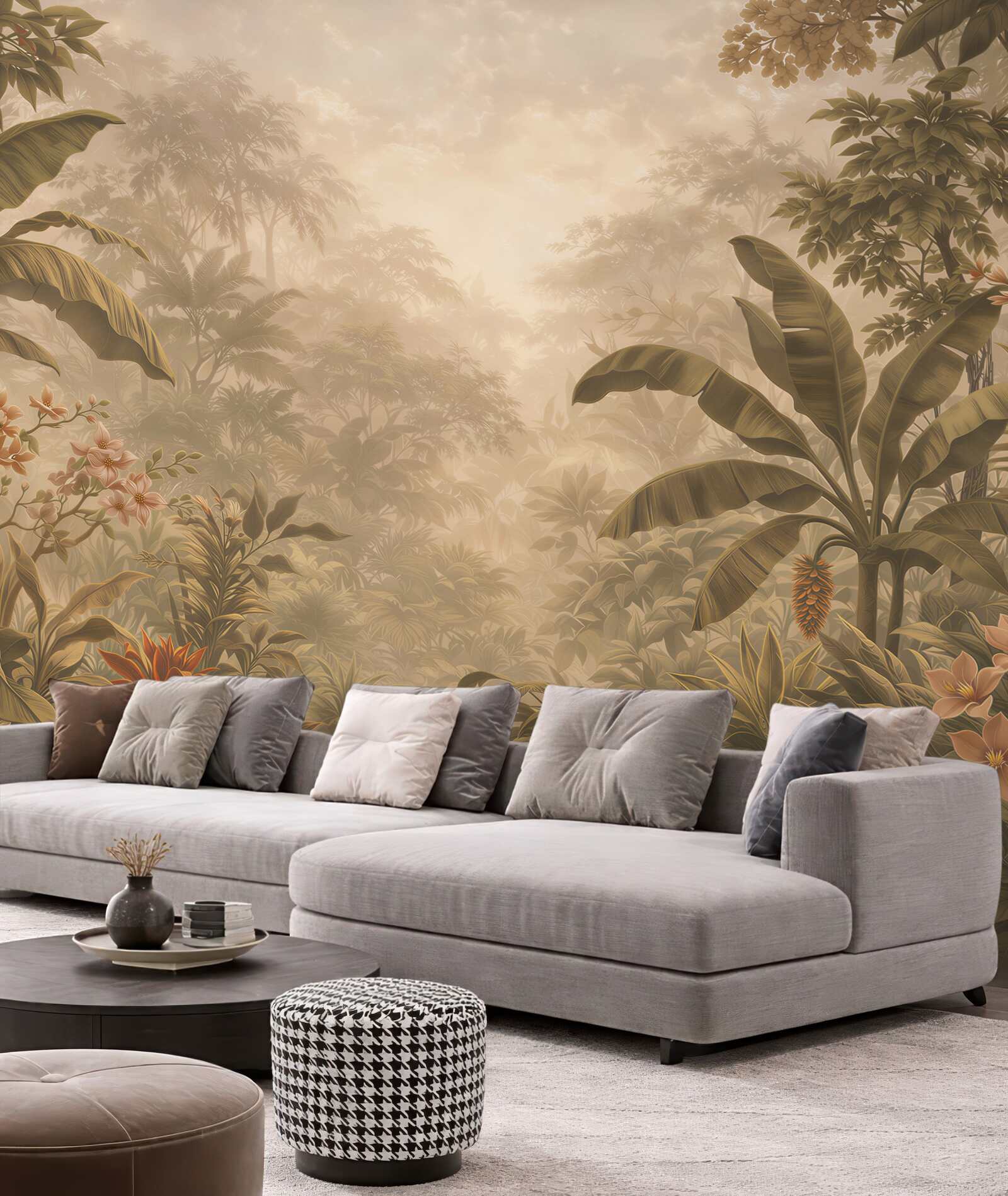 Fototapeta tropikalna dżungla w beżach z egzotycznymi kwiatami